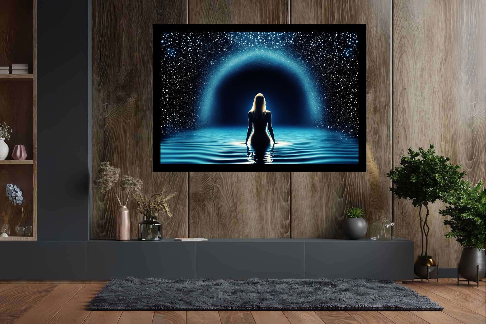 Starlit muse of the deep: Celestial art with stars, in a room with contemporary flair, wall art, and luxe decor. The art can be printed on poster, framed poster, canvas, metal, acrylic or wood, exclusively at WallArtZen. Find this exact print at https://wallartzen.com/waz24