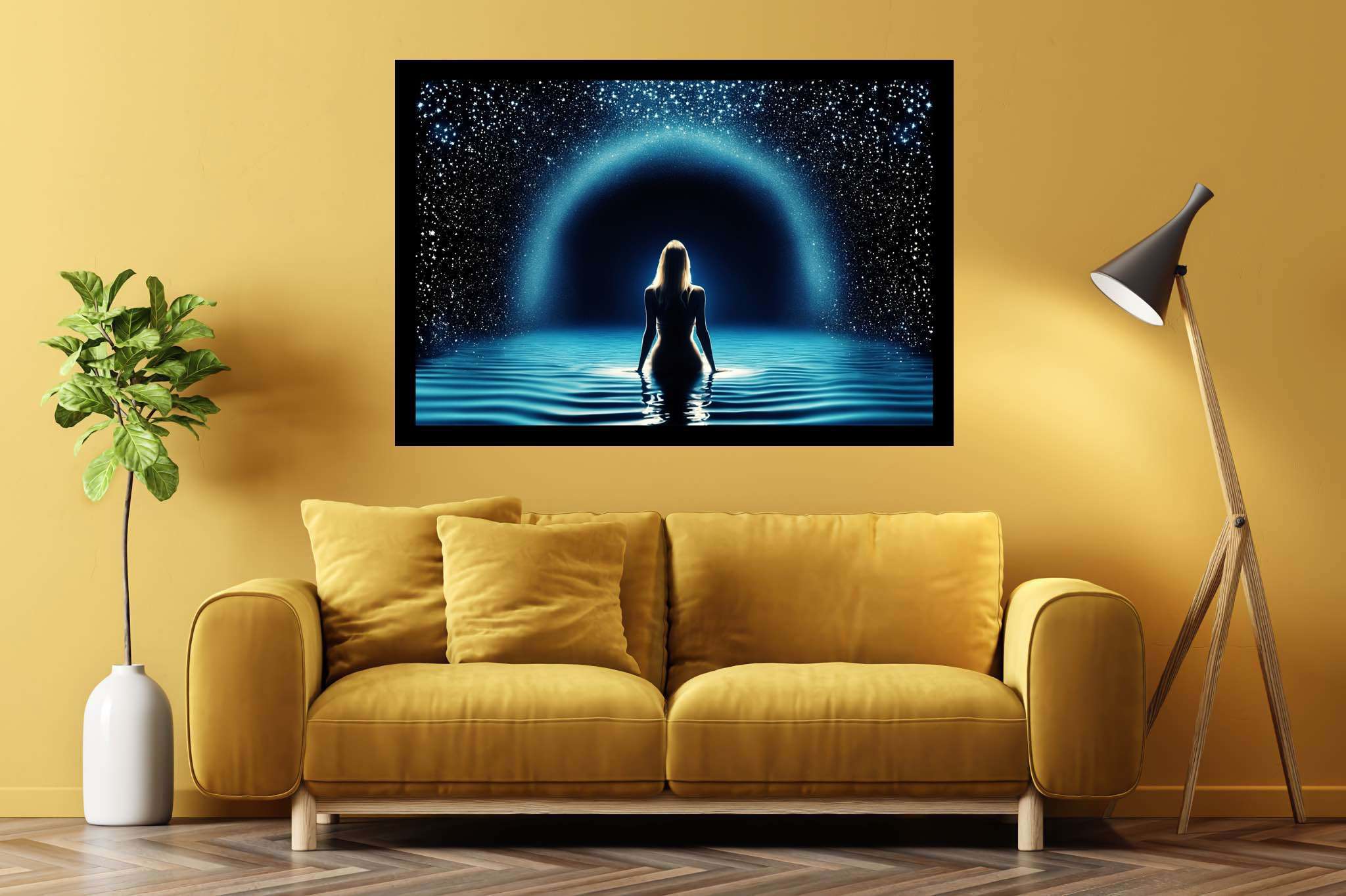 Starlit muse of the deep: Celestial art with astronomy, in a room with artistic style, canvas prints, and designer furniture. The art can be printed on poster, framed poster, canvas, metal, acrylic or wood, exclusively at WallArtZen. Find this exact print at https://wallartzen.com/waz24