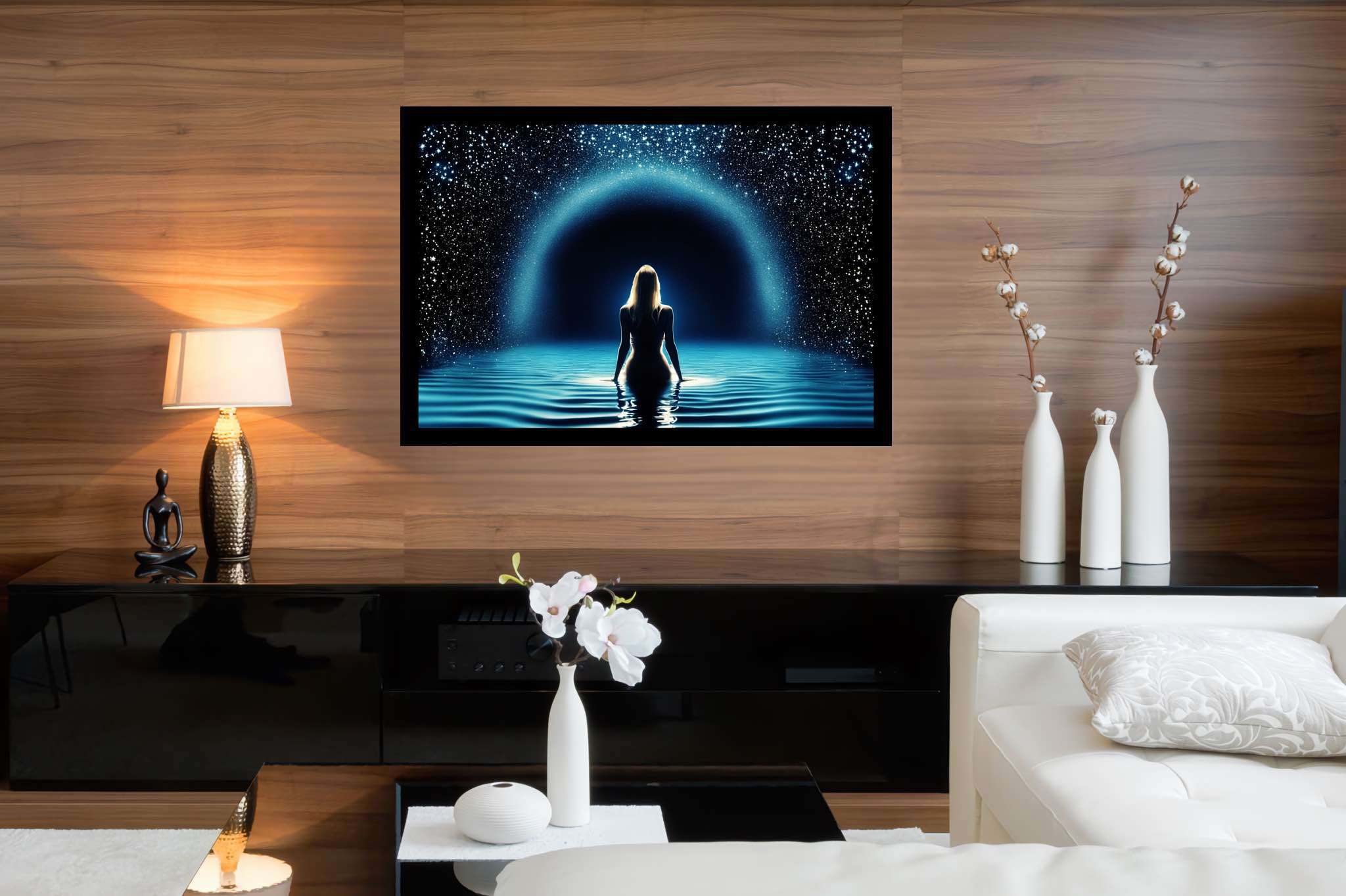 Starlit muse of the deep: Celestial art with celestial sculptures, in a room with artistic style, framed art, and stylish accessories. The art can be printed on poster, framed poster, canvas, metal, acrylic or wood, exclusively at WallArtZen. Find this exact print at https://wallartzen.com/waz24