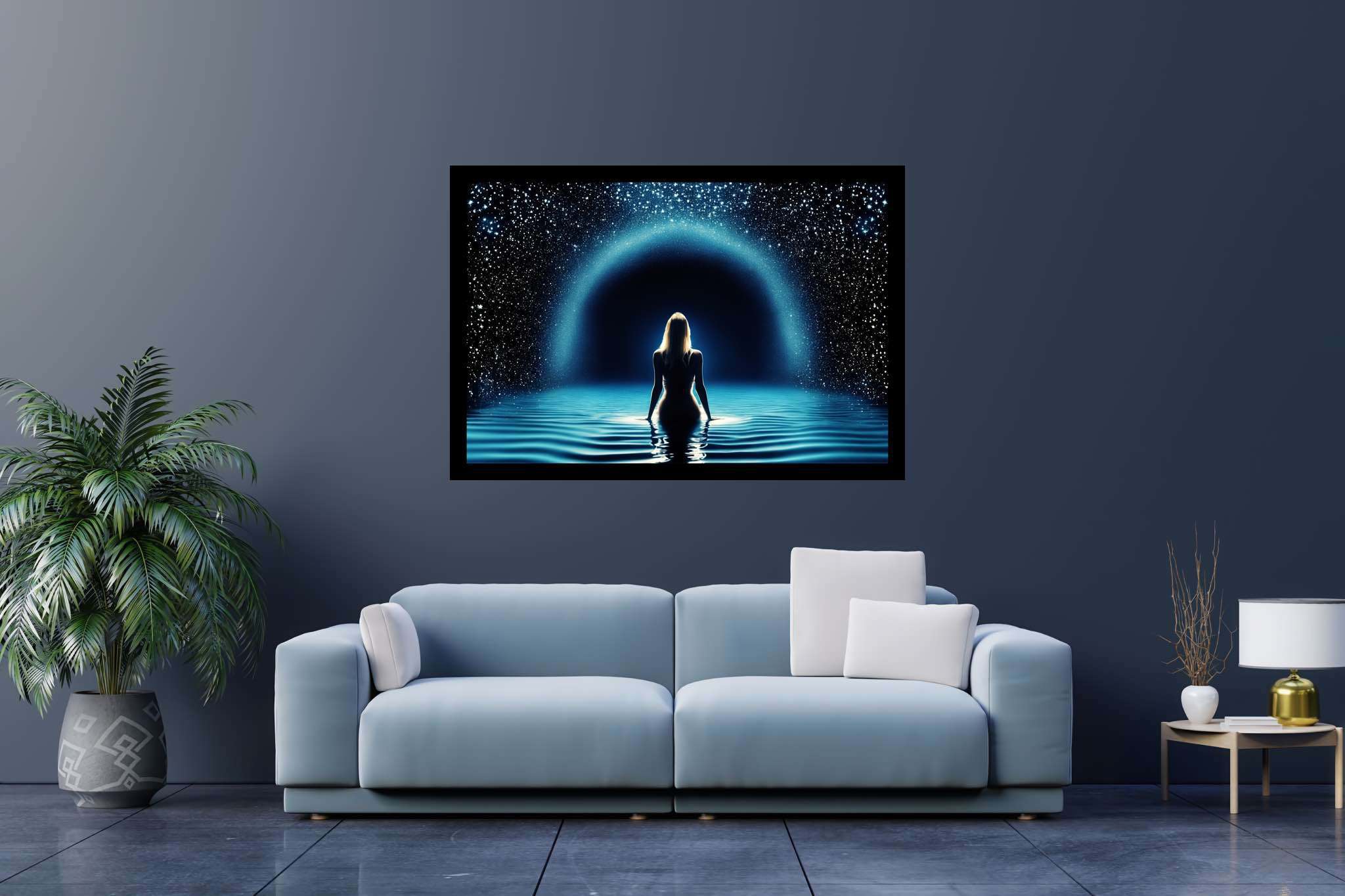 Starlit muse of the deep: Celestial art with universe, in a room with elegant layout, fine art prints, and elegant home goods. The art can be printed on poster, framed poster, canvas, metal, acrylic or wood, exclusively at WallArtZen. Find this exact print at https://wallartzen.com/waz24
