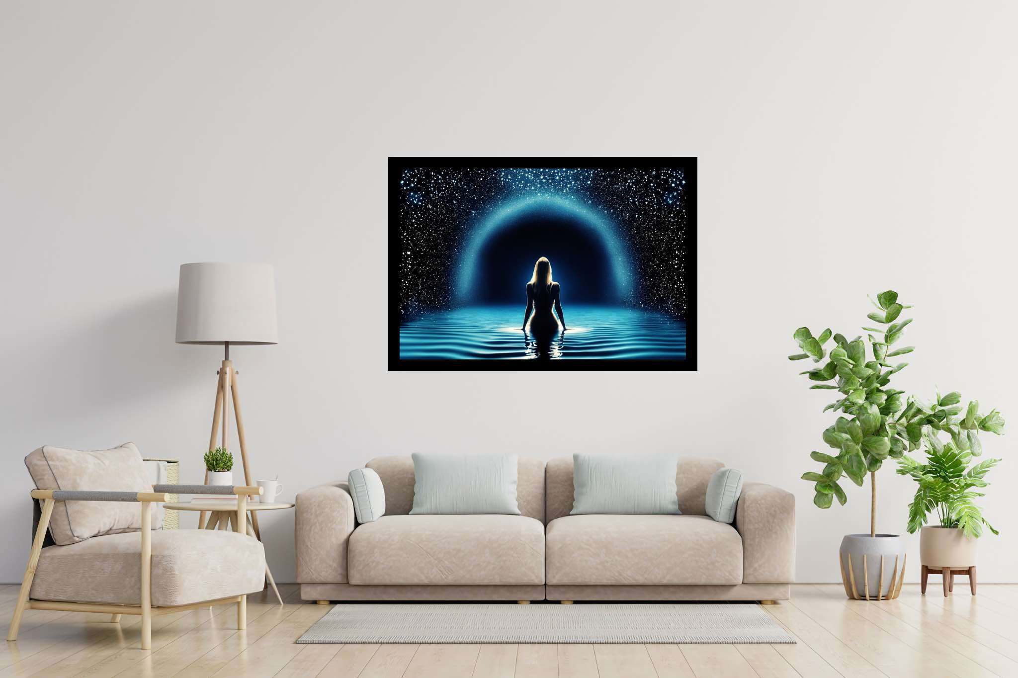 Starlit muse of the deep: Celestial art with cosmic, in a room with classic elegance, digital art pieces, and home styling items. The art can be printed on poster, framed poster, canvas, metal, acrylic or wood, exclusively at WallArtZen. Find this exact print at https://wallartzen.com/waz24