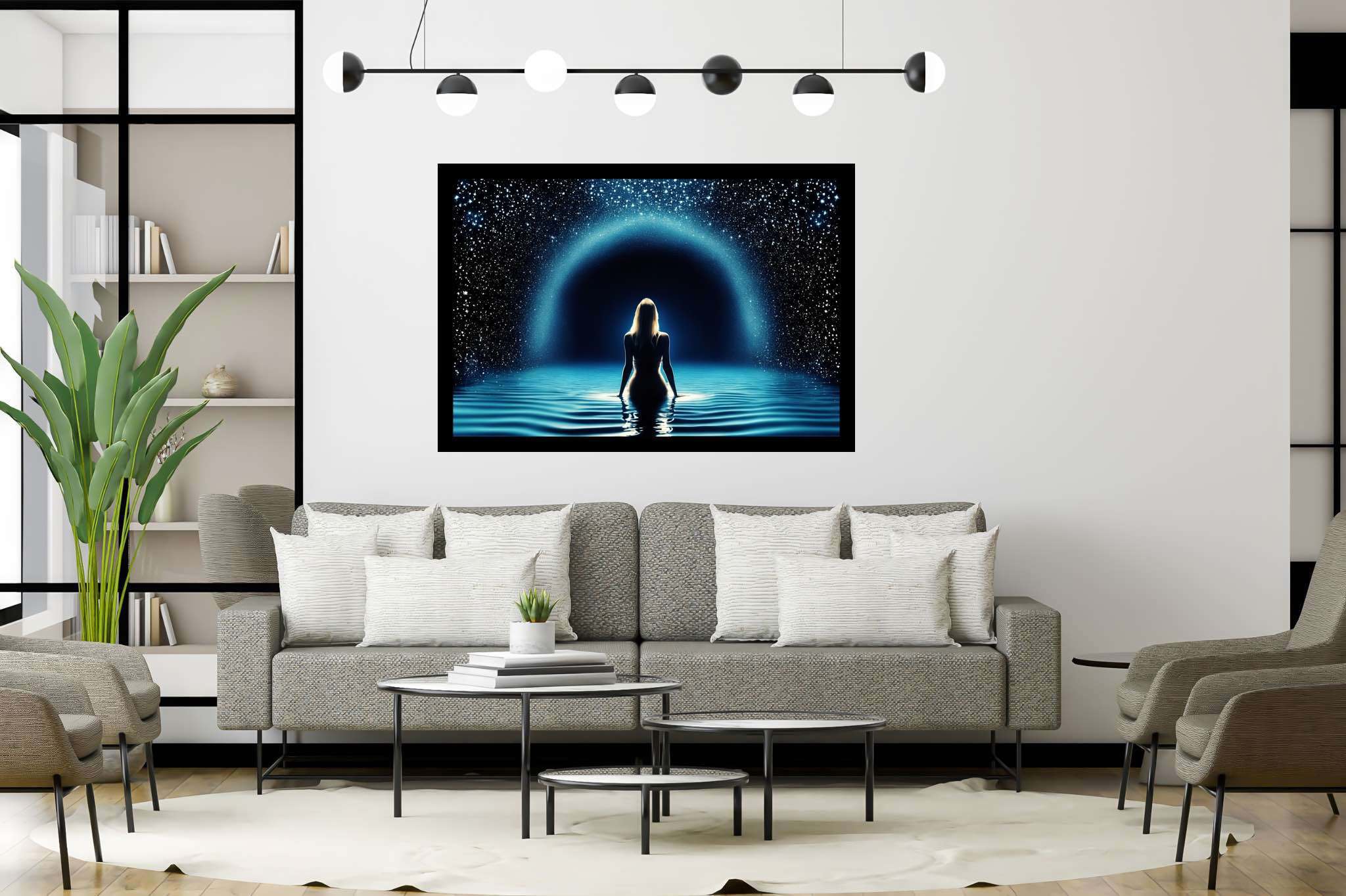 Starlit muse of the deep: Celestial art with celestial illustrations, in a room with elegant layout, abstract paintings, and home styling items. The art can be printed on poster, framed poster, canvas, metal, acrylic or wood, exclusively at WallArtZen. Find this exact print at https://wallartzen.com/waz24