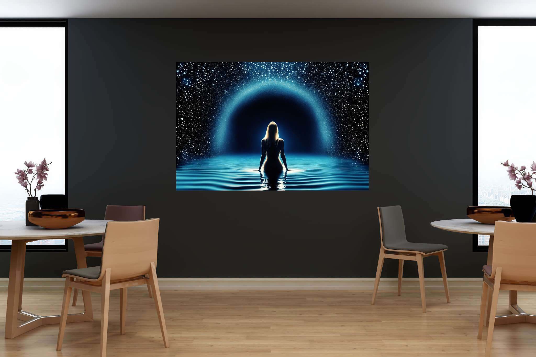 Starlit muse of the deep: Celestial art with stars, in a room with modern style, bespoke art designs, and luxe decor. The art can be printed on poster, framed poster, canvas, metal, acrylic or wood, exclusively at WallArtZen. Find this exact print at https://wallartzen.com/waz24