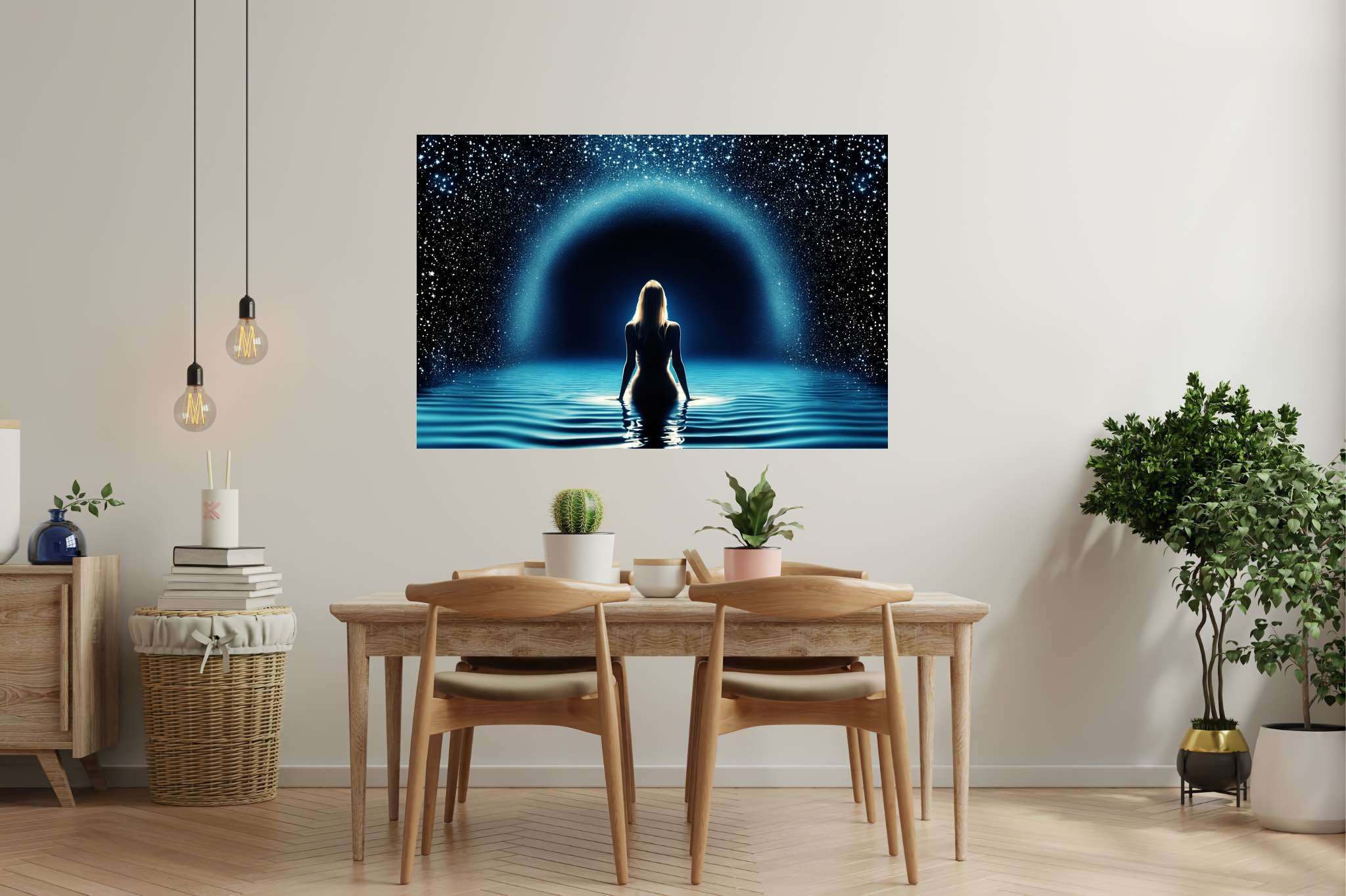 Starlit muse of the deep: Celestial art with cosmic art, in a room with artistic style, bespoke art designs, and stylish accessories. The art can be printed on poster, framed poster, canvas, metal, acrylic or wood, exclusively at WallArtZen. Find this exact print at https://wallartzen.com/waz24