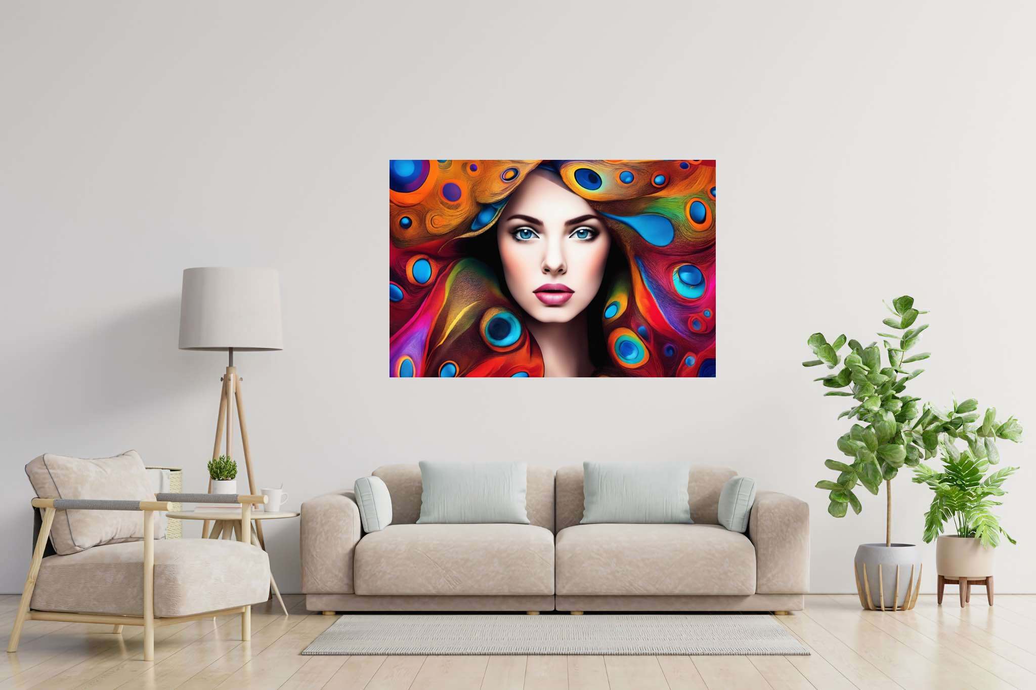 Plumage and soul embrace: Peacock art with vibrant canvases, in a room with contemporary flair, digital art pieces, and decorative pieces. The art can be printed on poster, framed poster, canvas, metal, acrylic or wood, exclusively at WallArtZen. Find this exact print at https://wallartzen.com/waz252