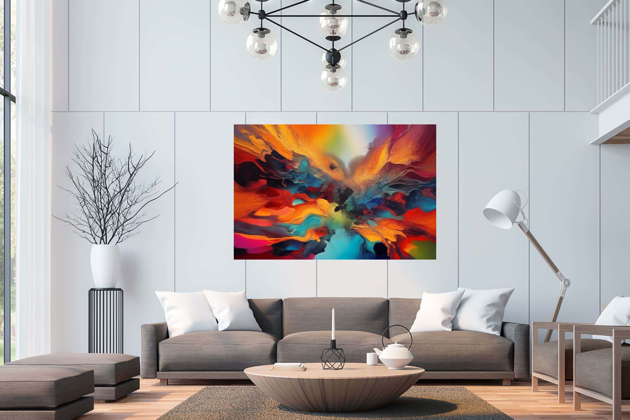 Chromatic rhapsody: Vibrant art with bold, in a room with great design, wall art, and stylish accessories. The art can be printed on poster, framed poster, canvas, metal, acrylic or wood, exclusively at WallArtZen. Find this exact print at https://wallartzen.com/waz253