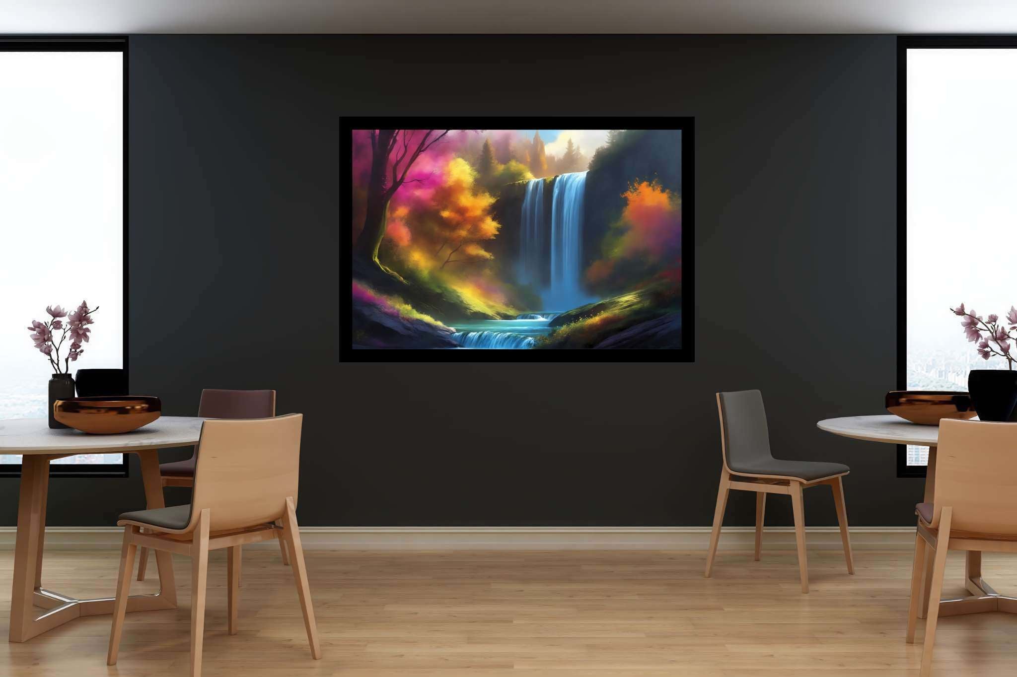 Verdant veil cascade: Waterfall art with soothing landscapes, in a room with great design, photographic wall art, and decorative pieces. The art can be printed on poster, framed poster, canvas, metal, acrylic or wood, exclusively at WallArtZen. Find this exact print at https://wallartzen.com/waz255