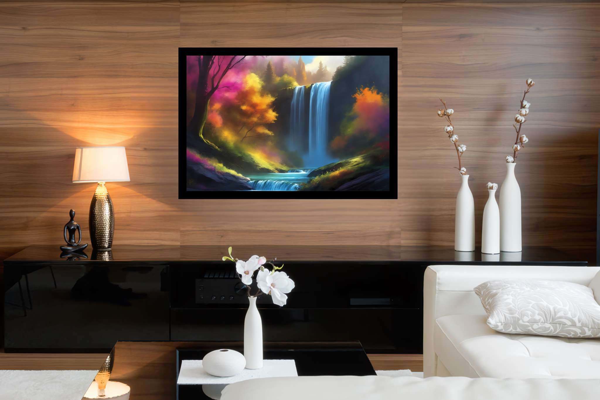 Verdant veil cascade: Waterfall art with waterfall art, in a room with elegant layout, mural artworks, and trendy home accents. The art can be printed on poster, framed poster, canvas, metal, acrylic or wood, exclusively at WallArtZen. Find this exact print at https://wallartzen.com/waz255