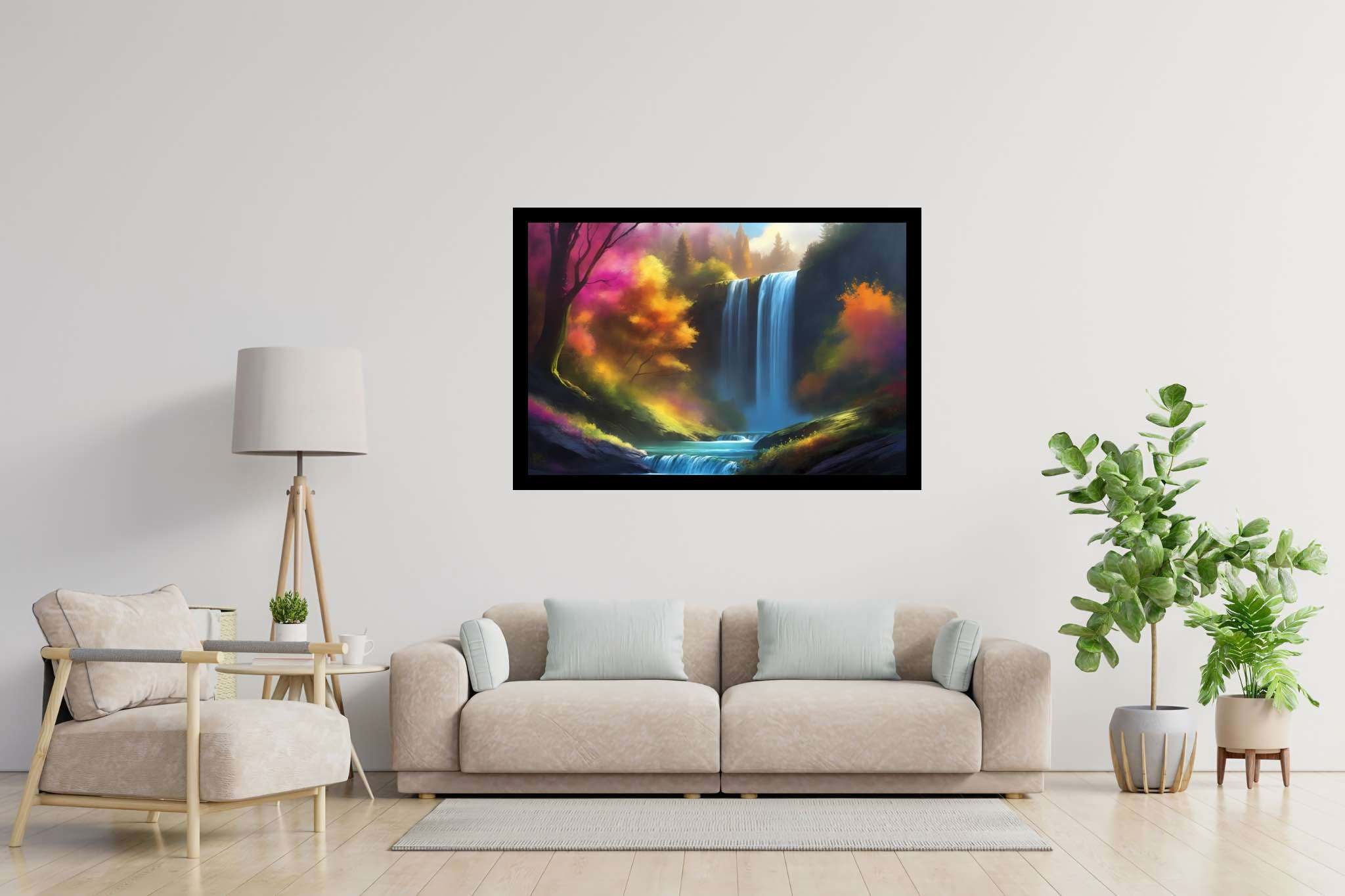 Verdant veil cascade: Waterfall art with serene landscapes, in a room with chic decor, fine art prints, and artisan decor. The art can be printed on poster, framed poster, canvas, metal, acrylic or wood, exclusively at WallArtZen. Find this exact print at https://wallartzen.com/waz255