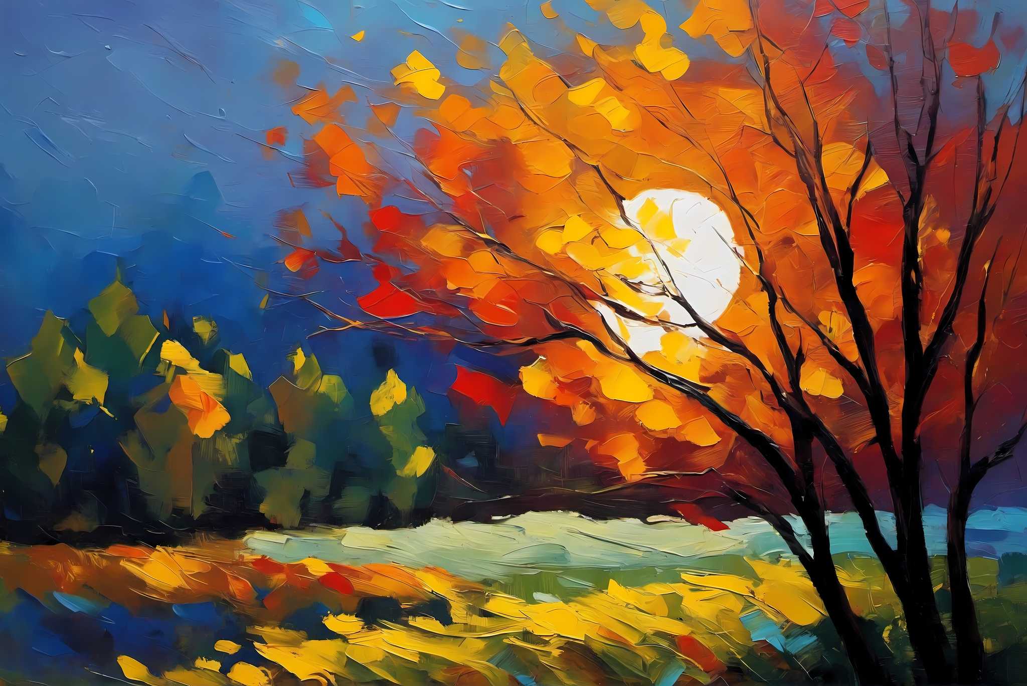 Autumn embrace: Autumn tree art with autumnal tree scenes, in a room with innovative layout, wall hangings, and artisan decor. The art can be printed on poster, framed poster, canvas, metal, acrylic or wood, exclusively at WallArtZen. Find this exact print at https://wallartzen.com/waz256