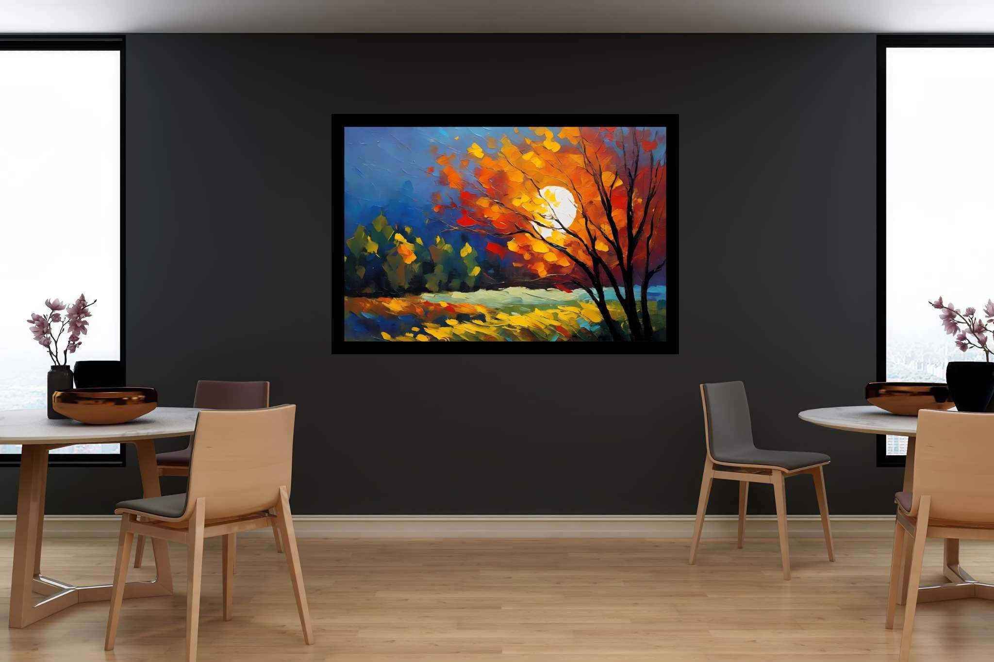 Autumn embrace: Autumn tree art with vibrant tree illustrations, in a room with great design, wall hangings, and trendy home accents. The art can be printed on poster, framed poster, canvas, metal, acrylic or wood, exclusively at WallArtZen. Find this exact print at https://wallartzen.com/waz256