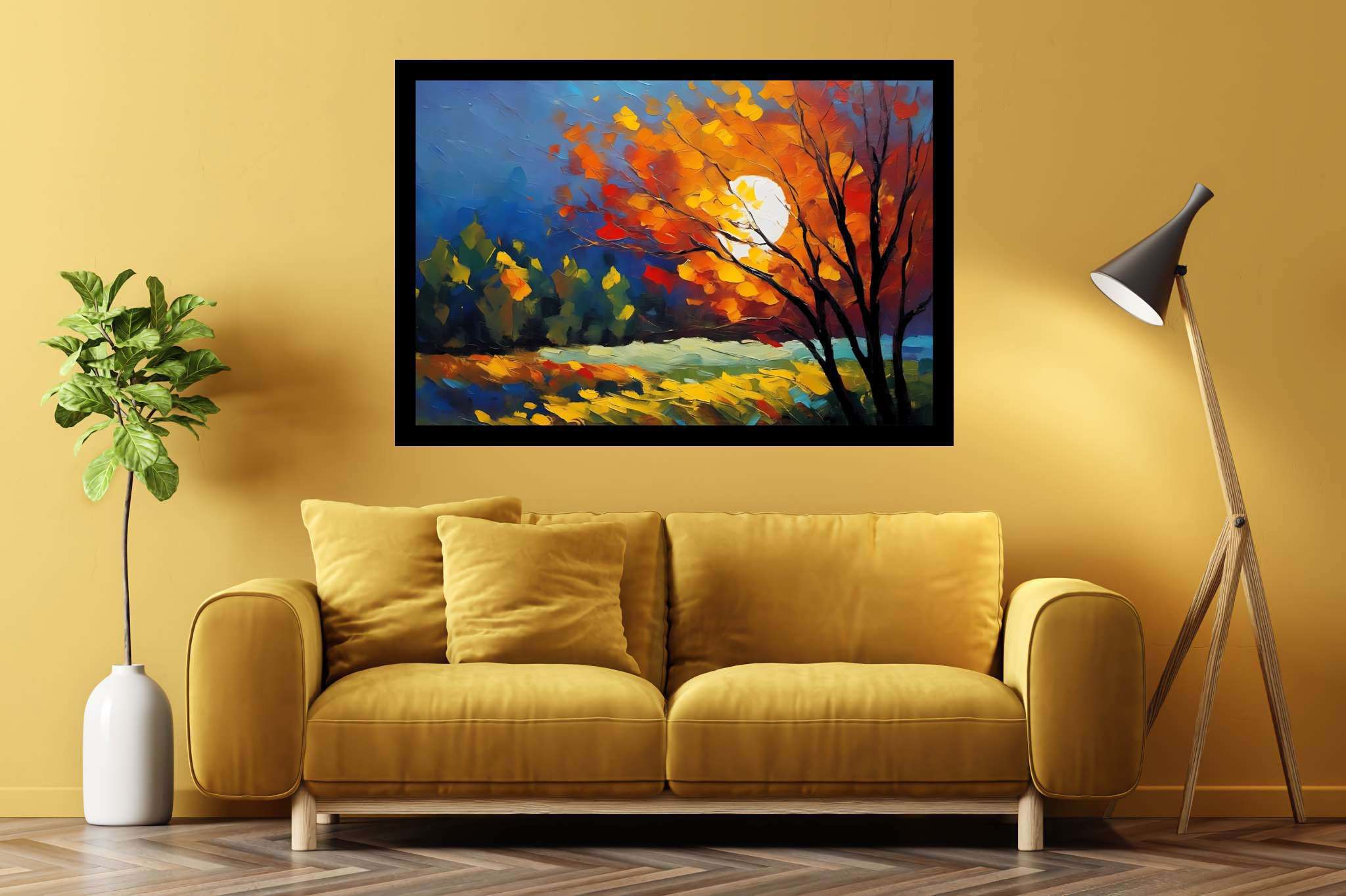 Autumn embrace: Autumn tree art with autumnal tree scenes, in a room with great design, wall hangings, and home styling items. The art can be printed on poster, framed poster, canvas, metal, acrylic or wood, exclusively at WallArtZen. Find this exact print at https://wallartzen.com/waz256