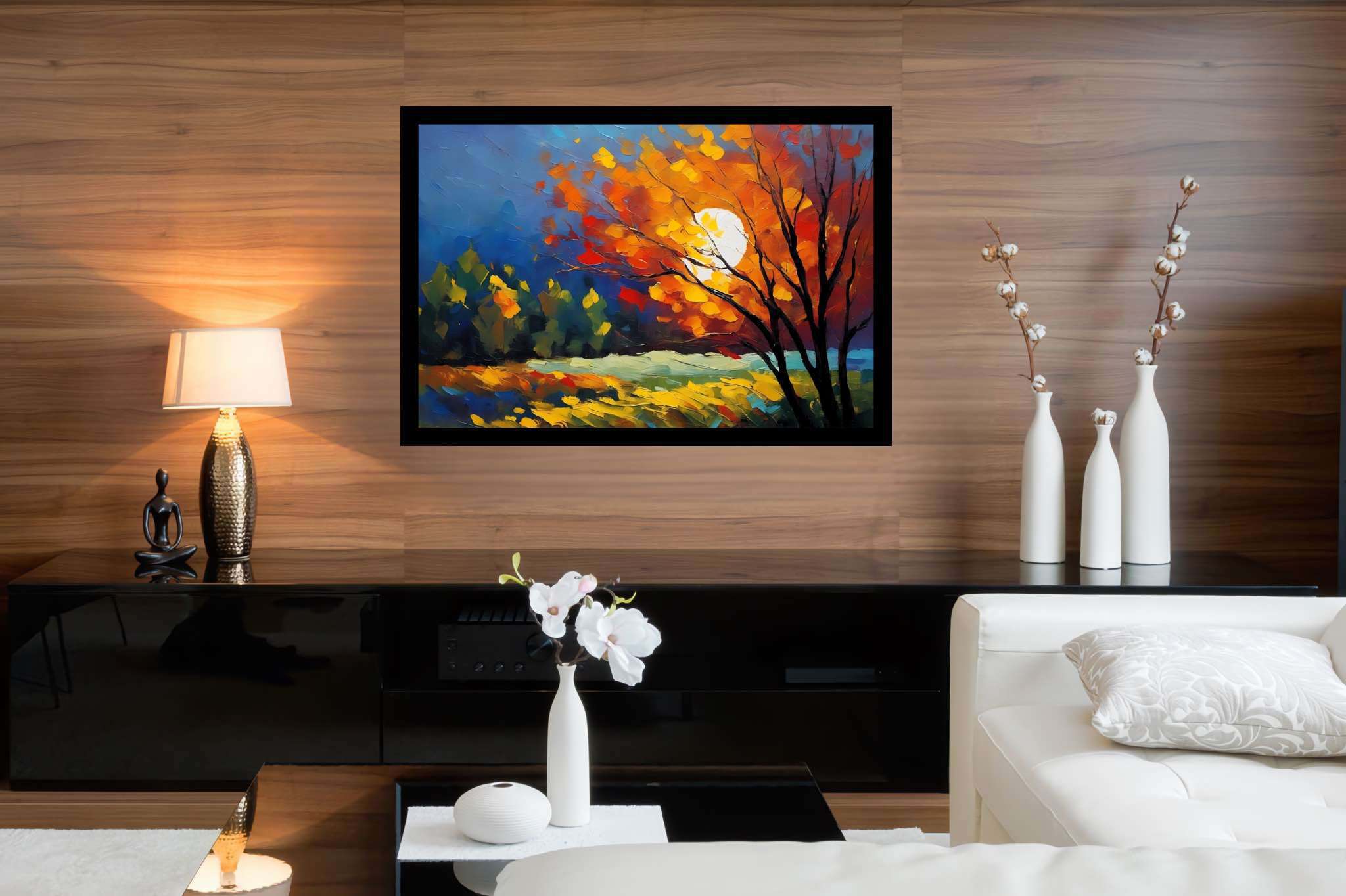 Autumn embrace: Autumn tree art with autumnal tree scenes, in a room with contemporary flair, abstract paintings, and luxe decor. The art can be printed on poster, framed poster, canvas, metal, acrylic or wood, exclusively at WallArtZen. Find this exact print at https://wallartzen.com/waz256