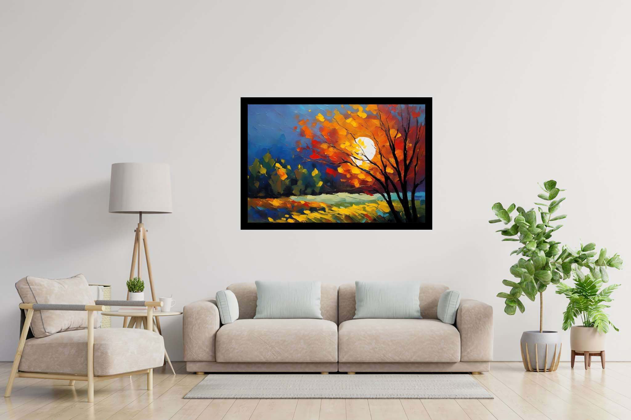 Autumn embrace: Autumn tree art with seasonal art, in a room with minimalist approach, digital art pieces, and artisan decor. The art can be printed on poster, framed poster, canvas, metal, acrylic or wood, exclusively at WallArtZen. Find this exact print at https://wallartzen.com/waz256
