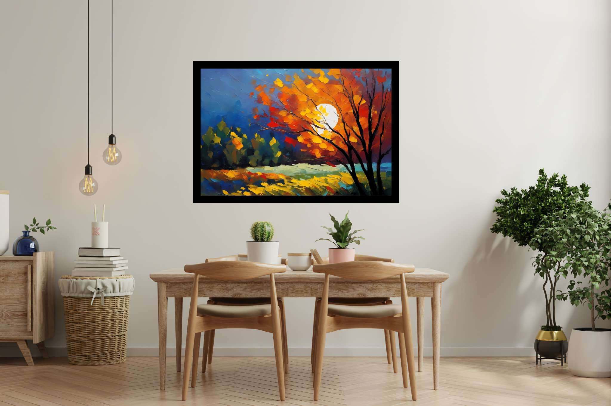 Autumn embrace: Autumn tree art with autumnal art, in a room with classic elegance, abstract paintings, and artisan decor. The art can be printed on poster, framed poster, canvas, metal, acrylic or wood, exclusively at WallArtZen. Find this exact print at https://wallartzen.com/waz256