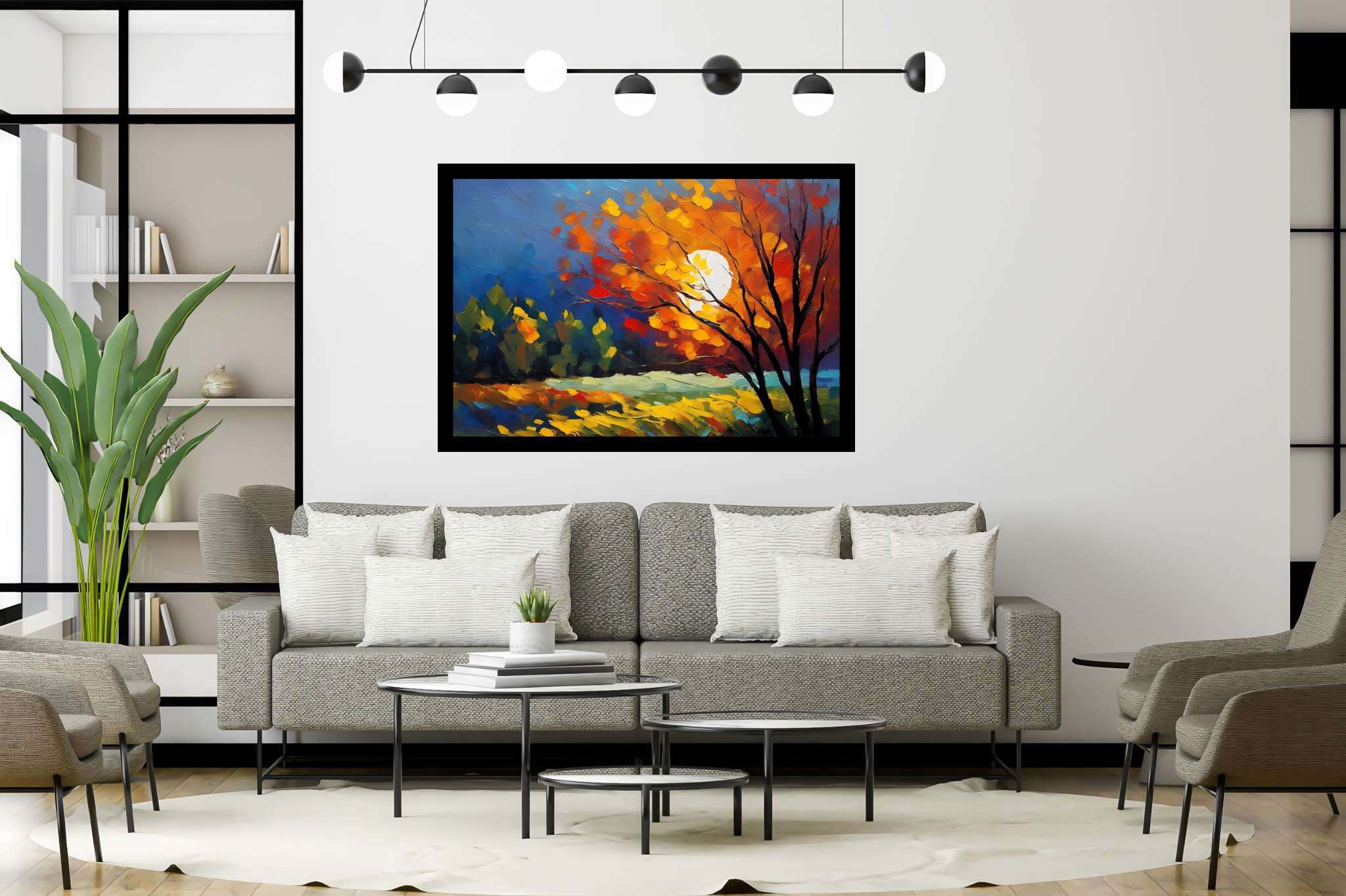 Autumn embrace: Autumn tree art with fall foliage paintings, in a room with modern style, wall hangings, and artisan decor. The art can be printed on poster, framed poster, canvas, metal, acrylic or wood, exclusively at WallArtZen. Find this exact print at https://wallartzen.com/waz256