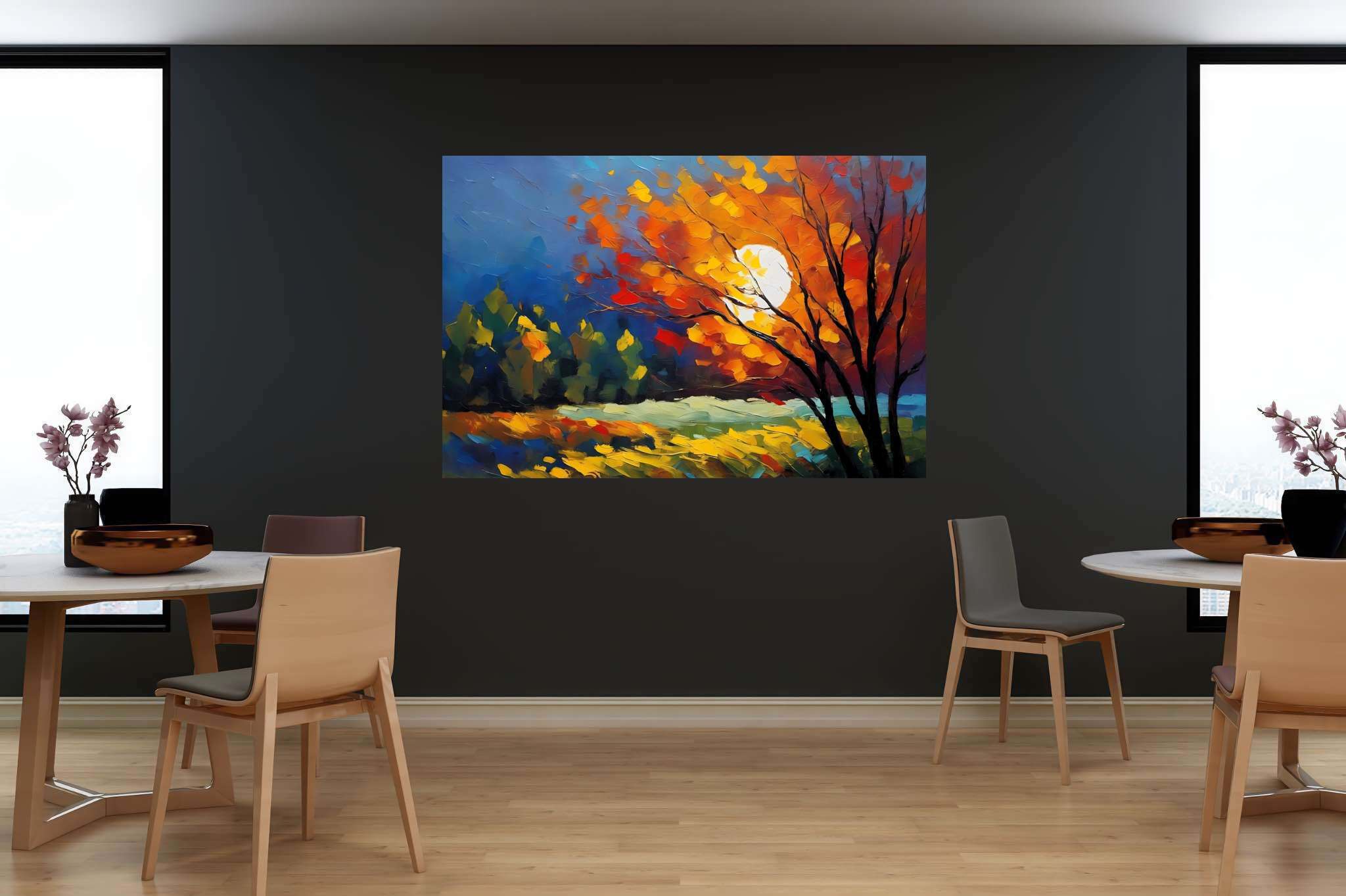 Autumn embrace: Autumn tree art with nature-inspired paintings, in a room with artistic style, abstract paintings, and interior decorations. The art can be printed on poster, framed poster, canvas, metal, acrylic or wood, exclusively at WallArtZen. Find this exact print at https://wallartzen.com/waz256