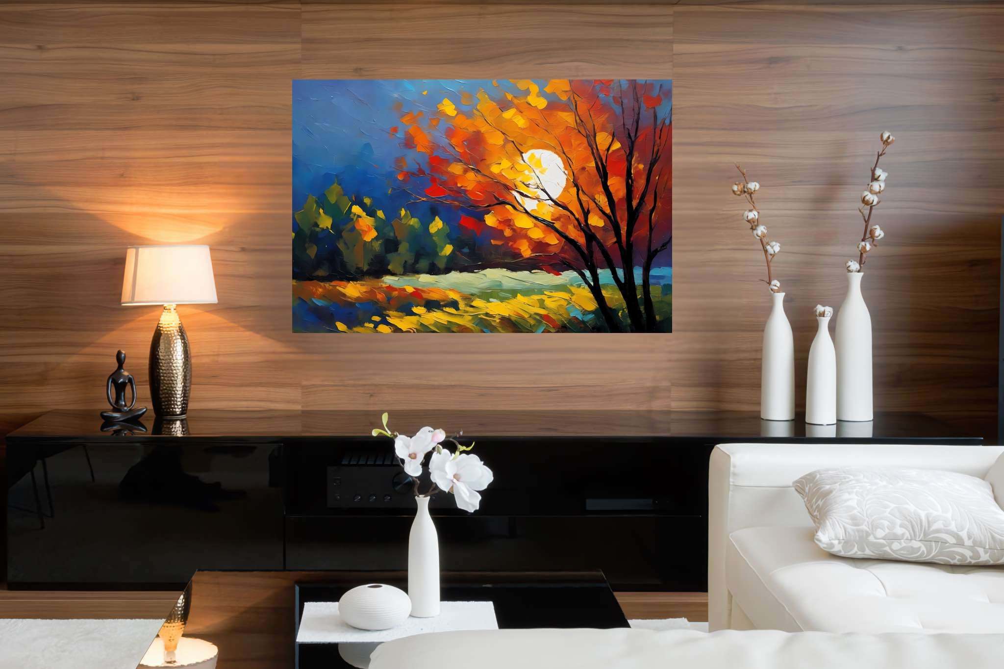 Autumn embrace: Autumn tree art with expressive fall tree art, in a room with contemporary flair, photographic wall art, and home furnishings. The art can be printed on poster, framed poster, canvas, metal, acrylic or wood, exclusively at WallArtZen. Find this exact print at https://wallartzen.com/waz256