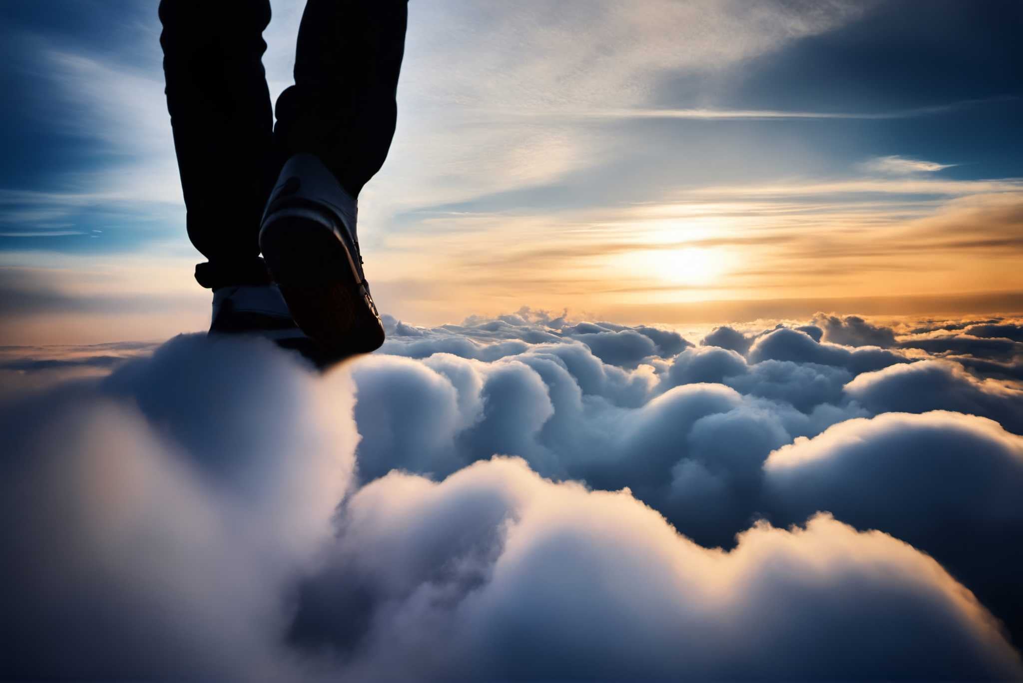 Cloudwalker's sunset dream: Surreal cloud art with surreal cloud art, in a room with minimalist approach, gallery-quality artwork, and decorative pieces. The art can be printed on poster, framed poster, canvas, metal, acrylic or wood, exclusively at WallArtZen. Find this exact print at https://wallartzen.com/waz257