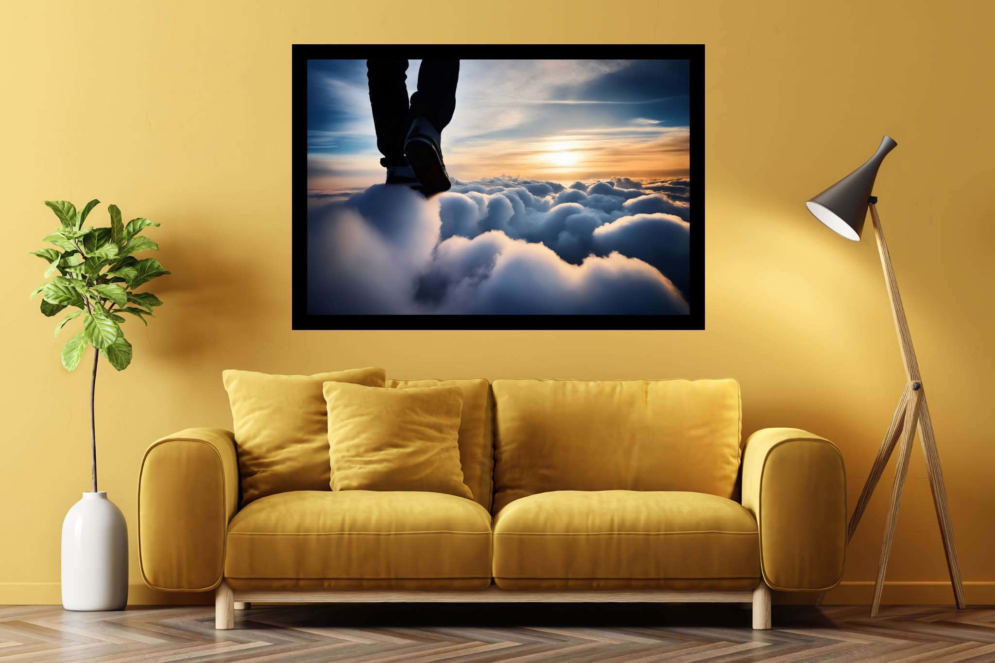 Cloudwalker's sunset dream: Surreal cloud art with mystical dreamscapes, in a room with artistic style, abstract paintings, and luxe decor. The art can be printed on poster, framed poster, canvas, metal, acrylic or wood, exclusively at WallArtZen. Find this exact print at https://wallartzen.com/waz257