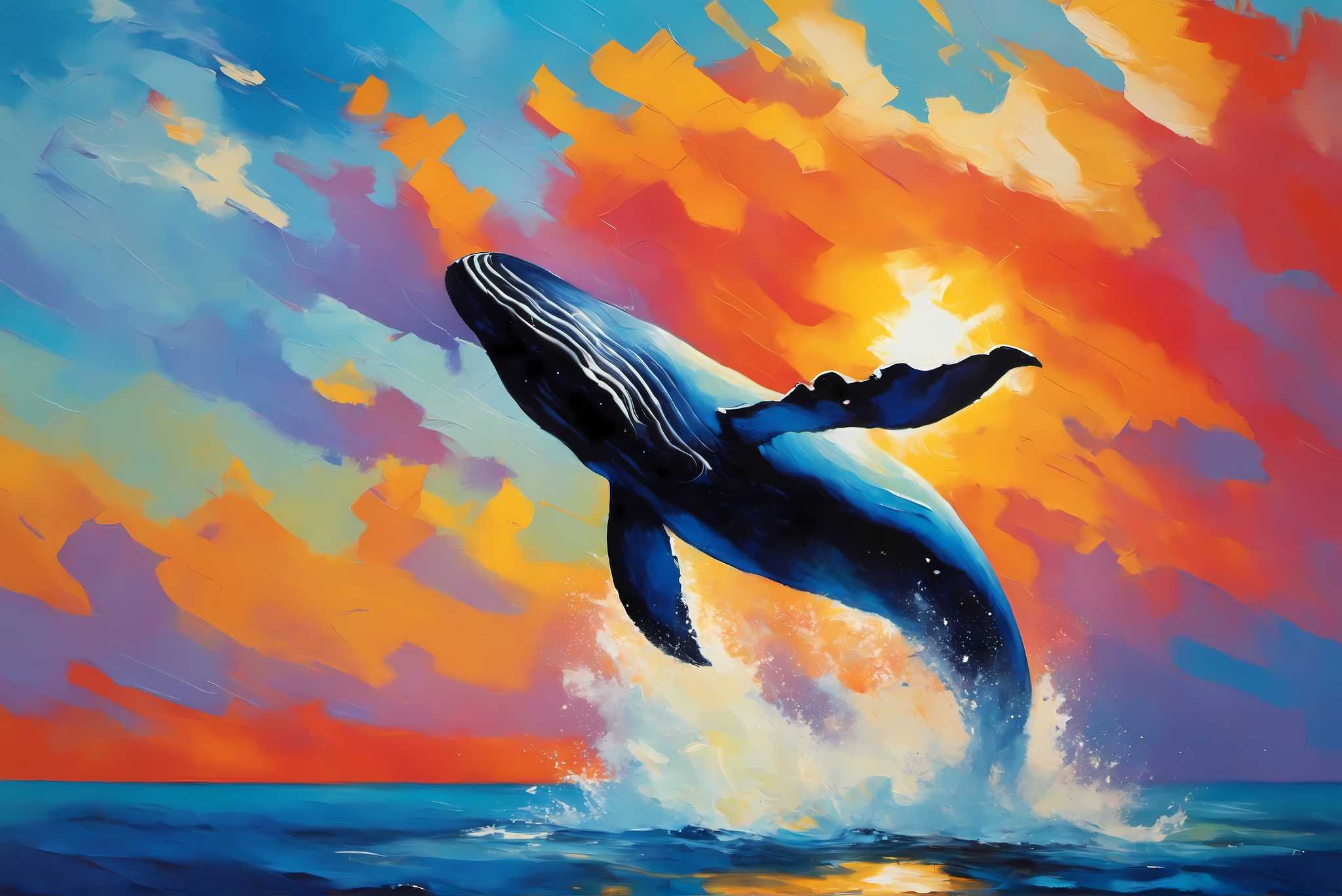 Sunset leviathan's leap: Whale art with maritime artwork, in a room with elegant layout, digital art pieces, and elegant home goods. The art can be printed on poster, framed poster, canvas, metal, acrylic or wood, exclusively at WallArtZen. Find this exact print at https://wallartzen.com/waz258