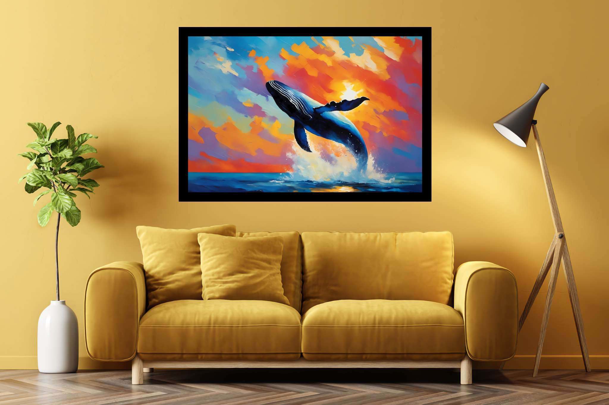 Sunset leviathan's leap: Whale art with oceanic prints, in a room with chic decor, wall hangings, and home styling items. The art can be printed on poster, framed poster, canvas, metal, acrylic or wood, exclusively at WallArtZen. Find this exact print at https://wallartzen.com/waz258