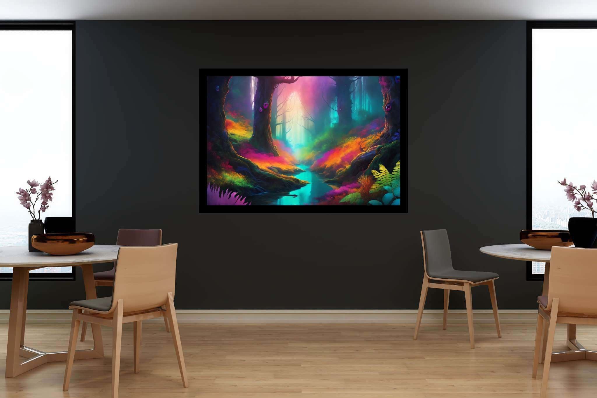 Chromatic symphony woods: Colorful forest art with colorful tree art, in a room with artistic style, digital art pieces, and decorative pieces. The art can be printed on poster, framed poster, canvas, metal, acrylic or wood, exclusively at WallArtZen. Find this exact print at https://wallartzen.com/waz259