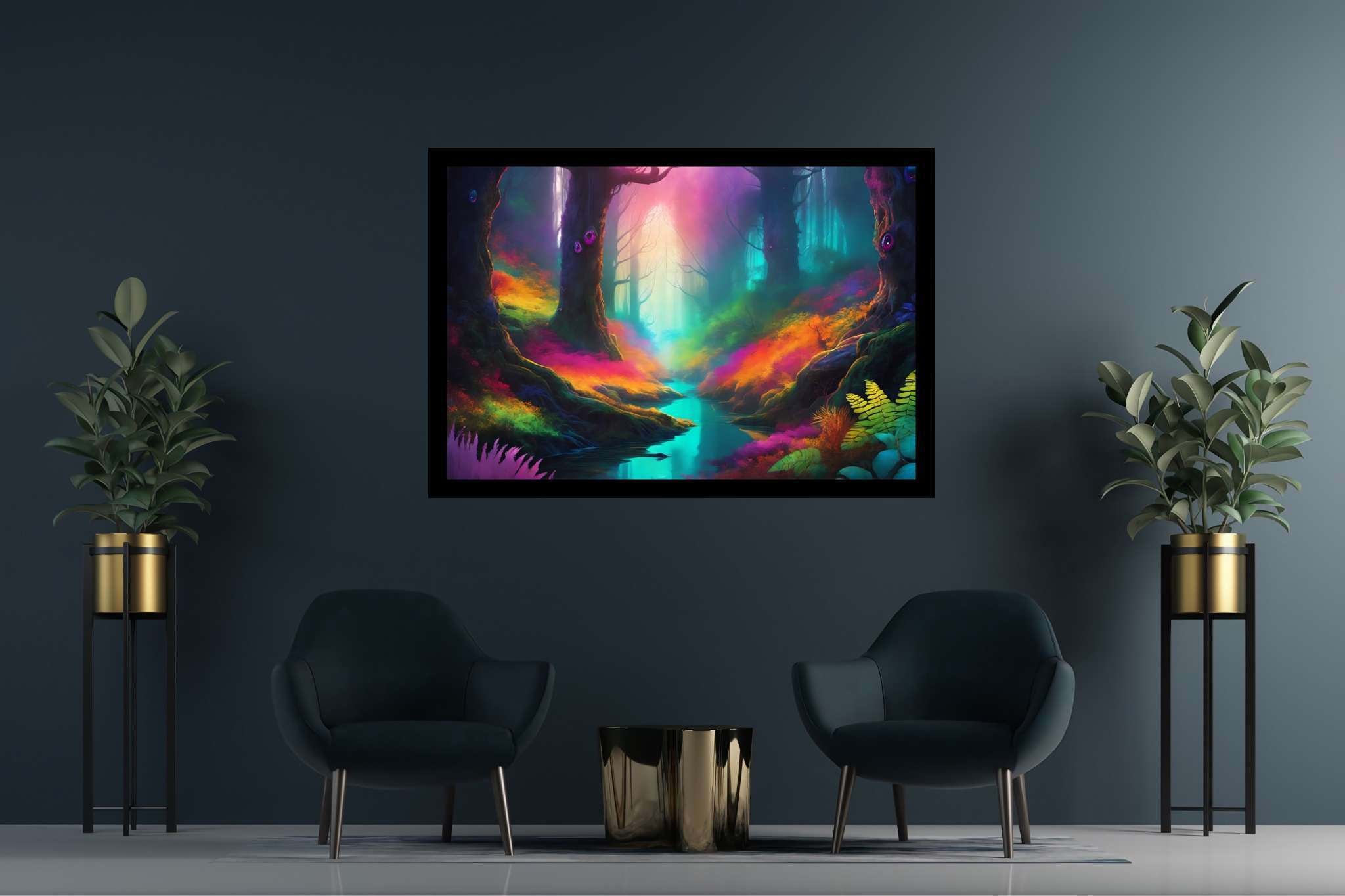 Chromatic symphony woods: Colorful forest art with vibrant nature art, in a room with classic elegance, fine art prints, and artisan decor. The art can be printed on poster, framed poster, canvas, metal, acrylic or wood, exclusively at WallArtZen. Find this exact print at https://wallartzen.com/waz259