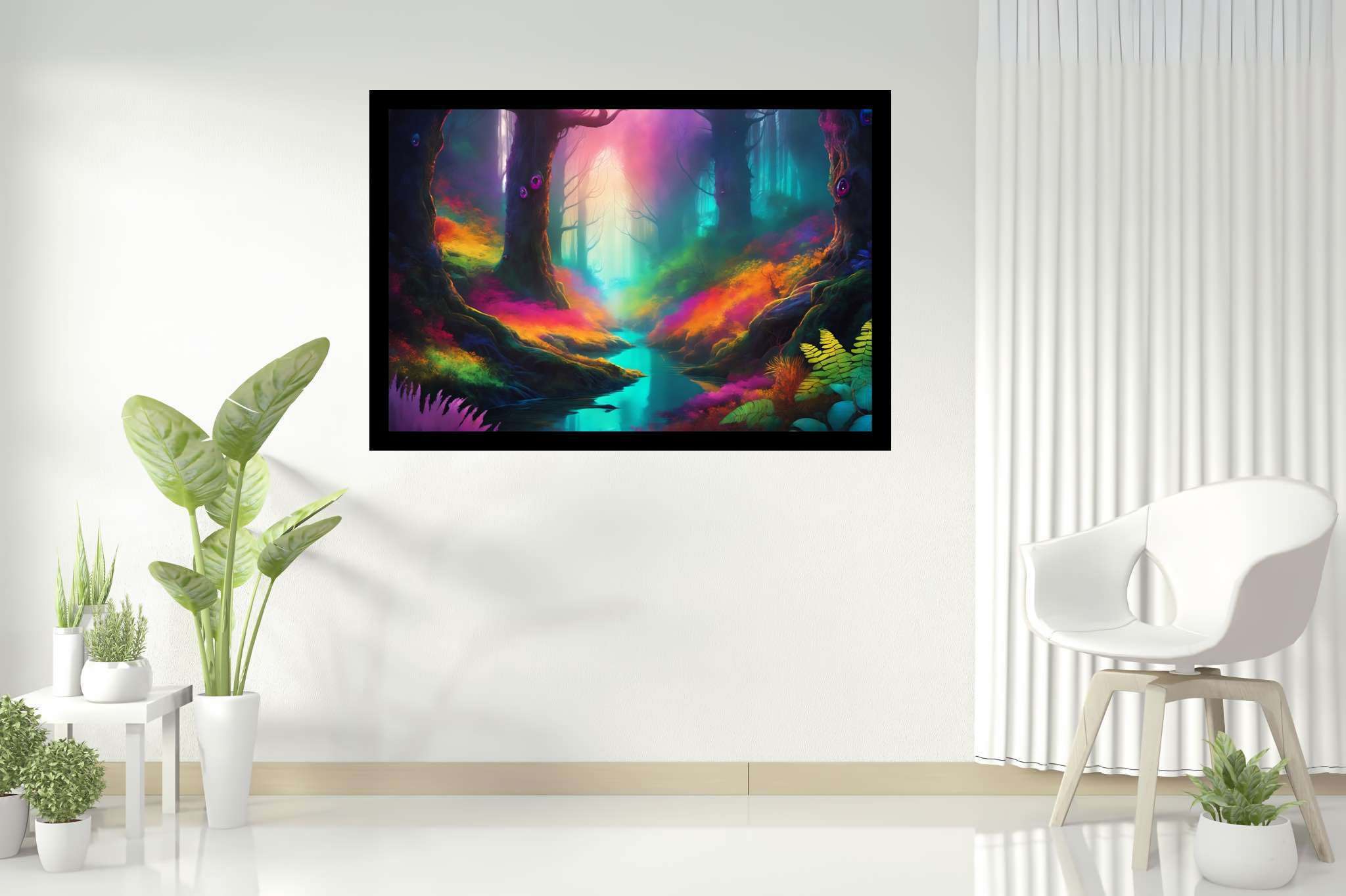 Chromatic symphony woods: Colorful forest art with colorful woodland artwork, in a room with chic decor, framed art, and designer furniture. The art can be printed on poster, framed poster, canvas, metal, acrylic or wood, exclusively at WallArtZen. Find this exact print at https://wallartzen.com/waz259