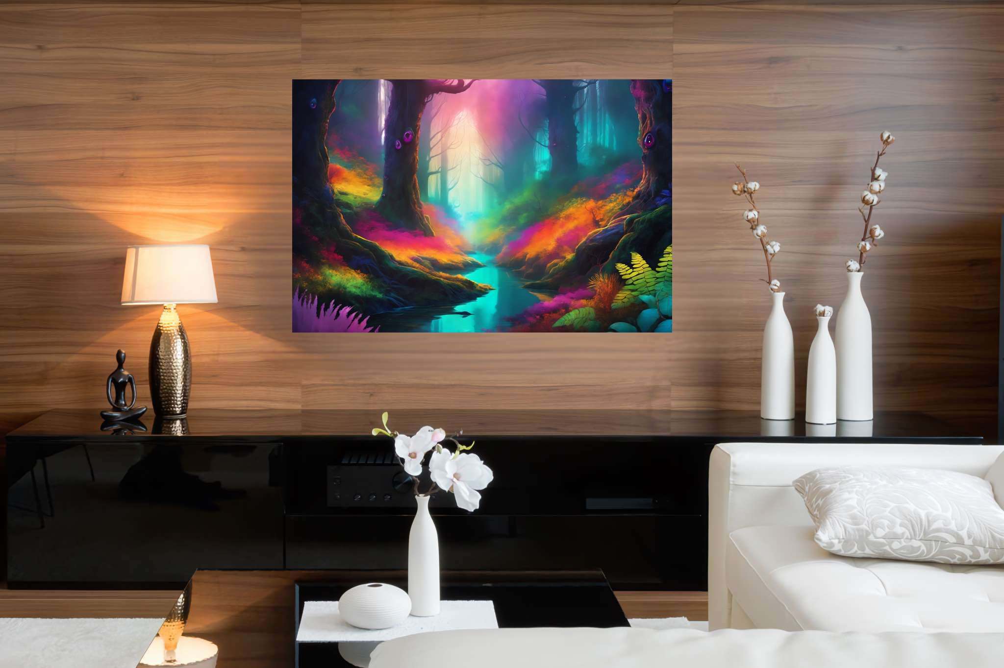 Chromatic symphony woods: Colorful forest art with colorful forest landscapes, in a room with chic decor, gallery-quality artwork, and home styling items. The art can be printed on poster, framed poster, canvas, metal, acrylic or wood, exclusively at WallArtZen. Find this exact print at https://wallartzen.com/waz259