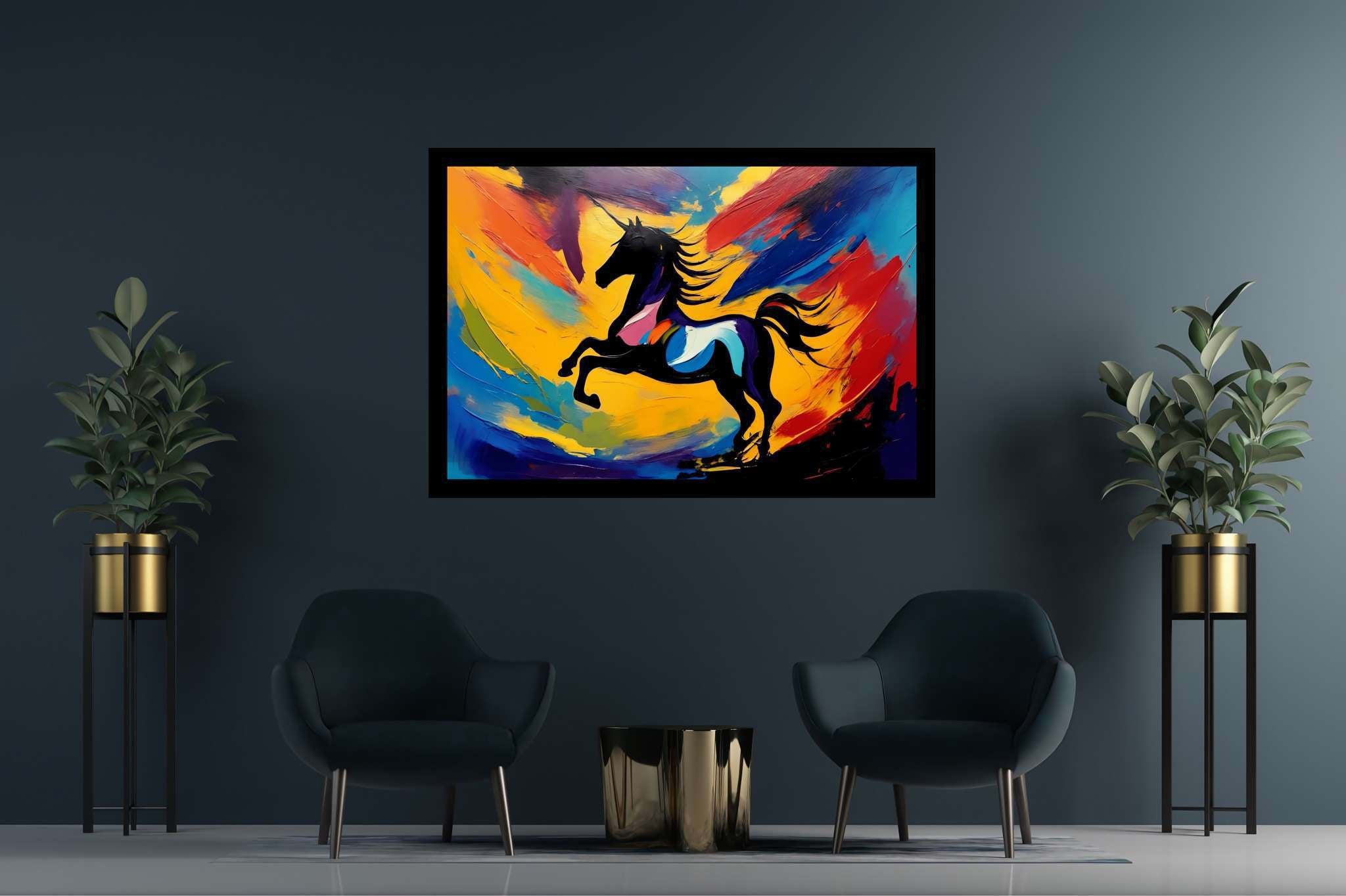 Chroma gallop dreamscape: Vibrant horse art with colorful equine paintings, in a room with elegant layout, mural artworks, and home styling items. The art can be printed on poster, framed poster, canvas, metal, acrylic or wood, exclusively at WallArtZen. Find this exact print at https://wallartzen.com/waz25