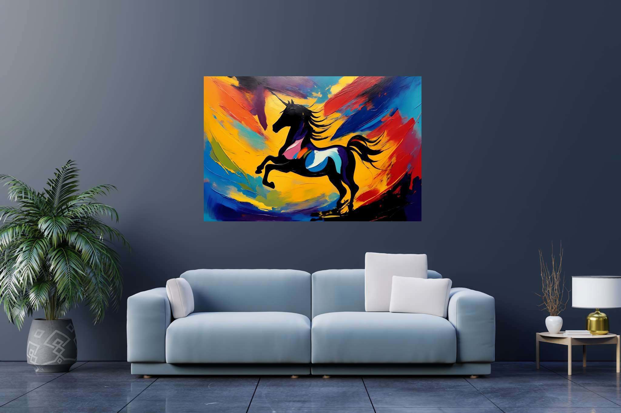 Chroma gallop dreamscape: Vibrant horse art with lively horse designs, in a room with urban design, bespoke art designs, and artisan decor. The art can be printed on poster, framed poster, canvas, metal, acrylic or wood, exclusively at WallArtZen. Find this exact print at https://wallartzen.com/waz25
