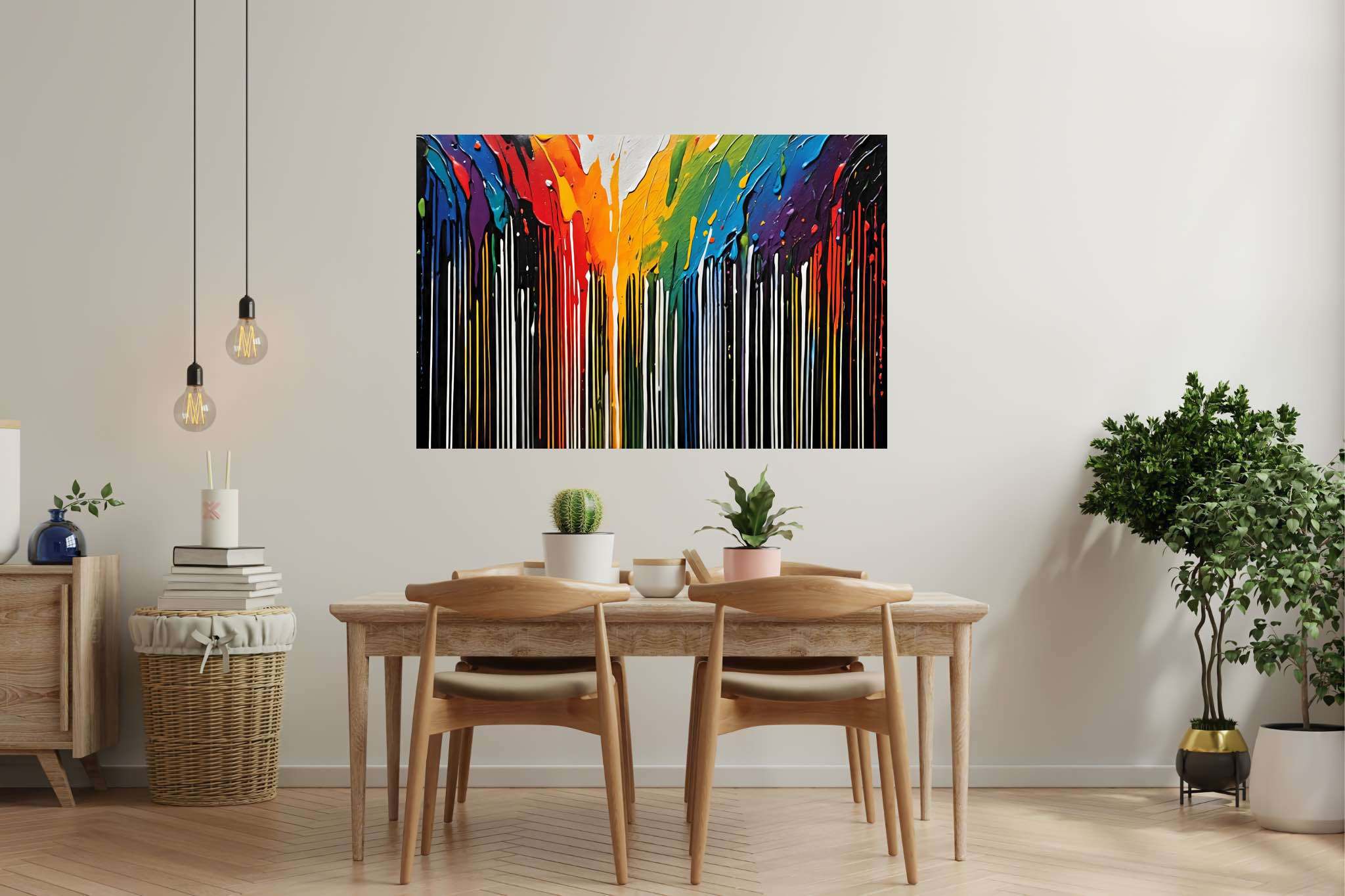 Chromatic rhapsody: Abstract art with contemporary art, in a room with classic elegance, canvas prints, and trendy home accents. The art can be printed on poster, framed poster, canvas, metal, acrylic or wood, exclusively at WallArtZen. Find this exact print at https://wallartzen.com/waz260