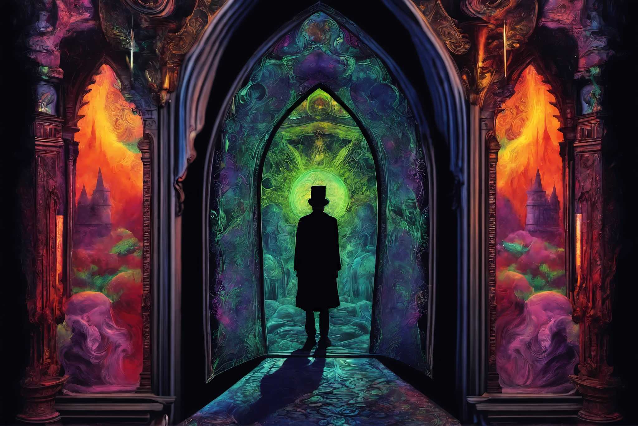 Chromatic gateway odyssey: Stained glass art with stained glass designs, in a room with contemporary flair, fine art prints, and decorative pieces. The art can be printed on poster, framed poster, canvas, metal, acrylic or wood, exclusively at WallArtZen. Find this exact print at https://wallartzen.com/waz262