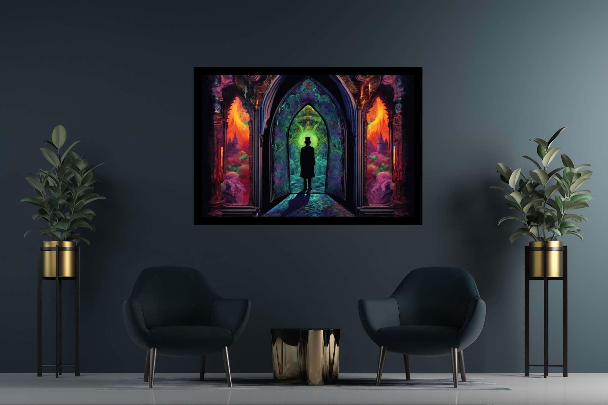Chromatic gateway odyssey: Stained glass art with glass painting, in a room with contemporary flair, canvas prints, and interior decorations. The art can be printed on poster, framed poster, canvas, metal, acrylic or wood, exclusively at WallArtZen. Find this exact print at https://wallartzen.com/waz262