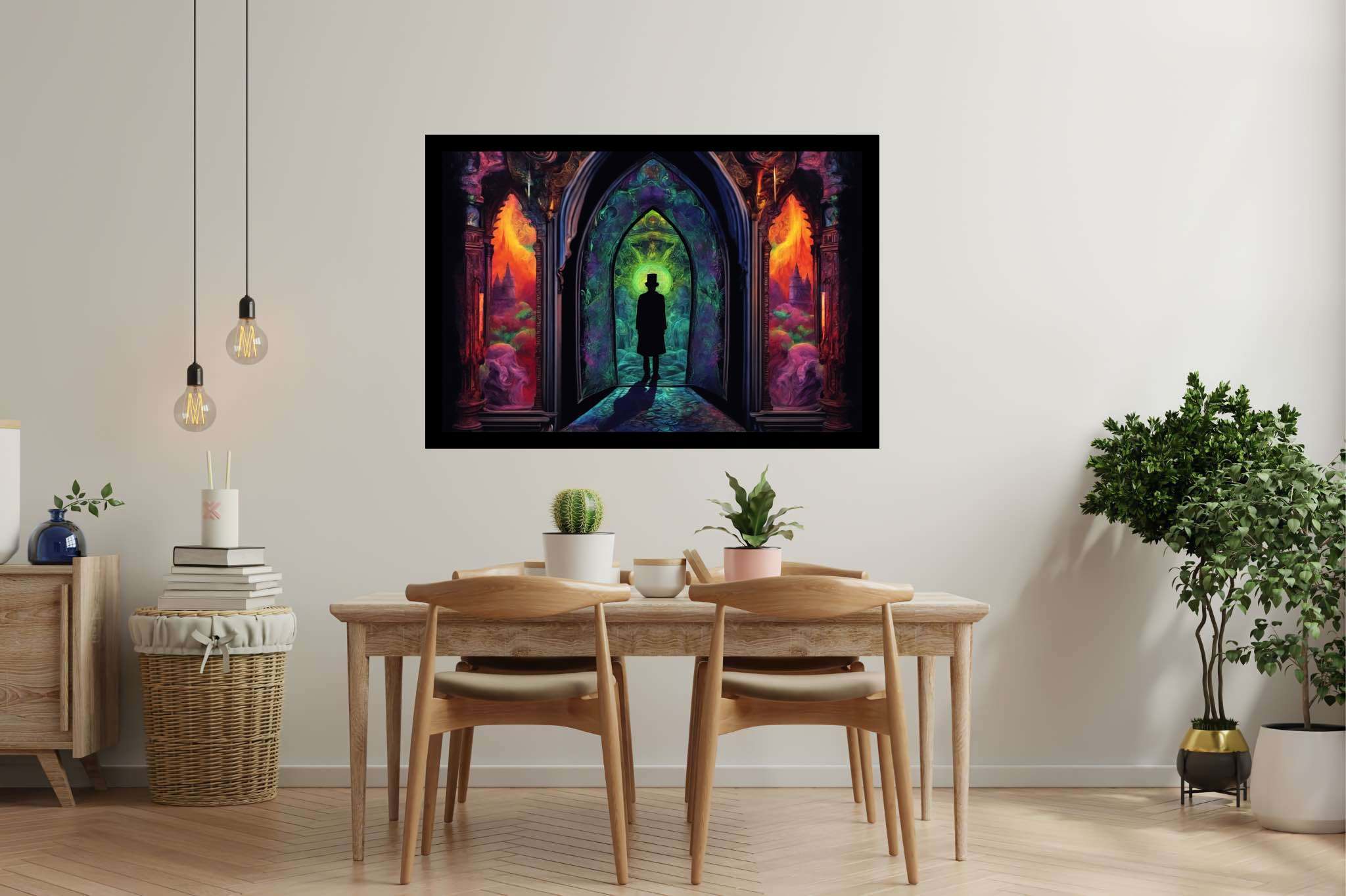 Chromatic gateway odyssey: Stained glass art with tiffany-style art, in a room with urban design, bespoke art designs, and artisan decor. The art can be printed on poster, framed poster, canvas, metal, acrylic or wood, exclusively at WallArtZen. Find this exact print at https://wallartzen.com/waz262