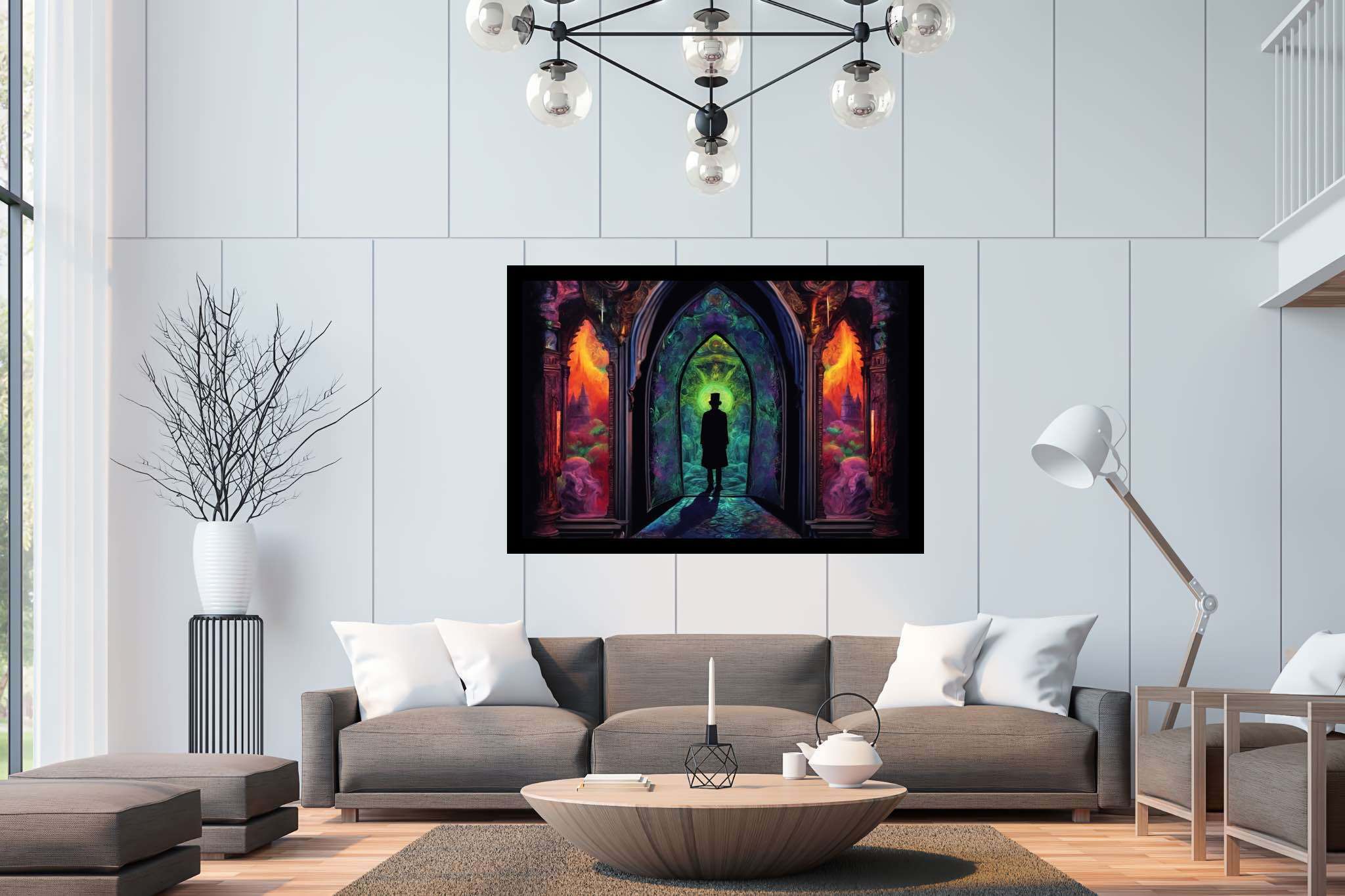Chromatic gateway odyssey: Stained glass art with historical stained glass, in a room with elegant layout, wall art, and stylish accessories. The art can be printed on poster, framed poster, canvas, metal, acrylic or wood, exclusively at WallArtZen. Find this exact print at https://wallartzen.com/waz262