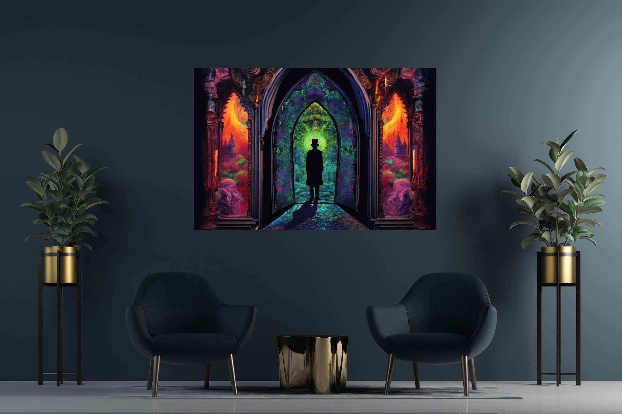 Chromatic gateway odyssey: Stained glass art with artistic craftsmanship, in a room with contemporary flair, digital art pieces, and stylish accessories. The art can be printed on poster, framed poster, canvas, metal, acrylic or wood, exclusively at WallArtZen. Find this exact print at https://wallartzen.com/waz262