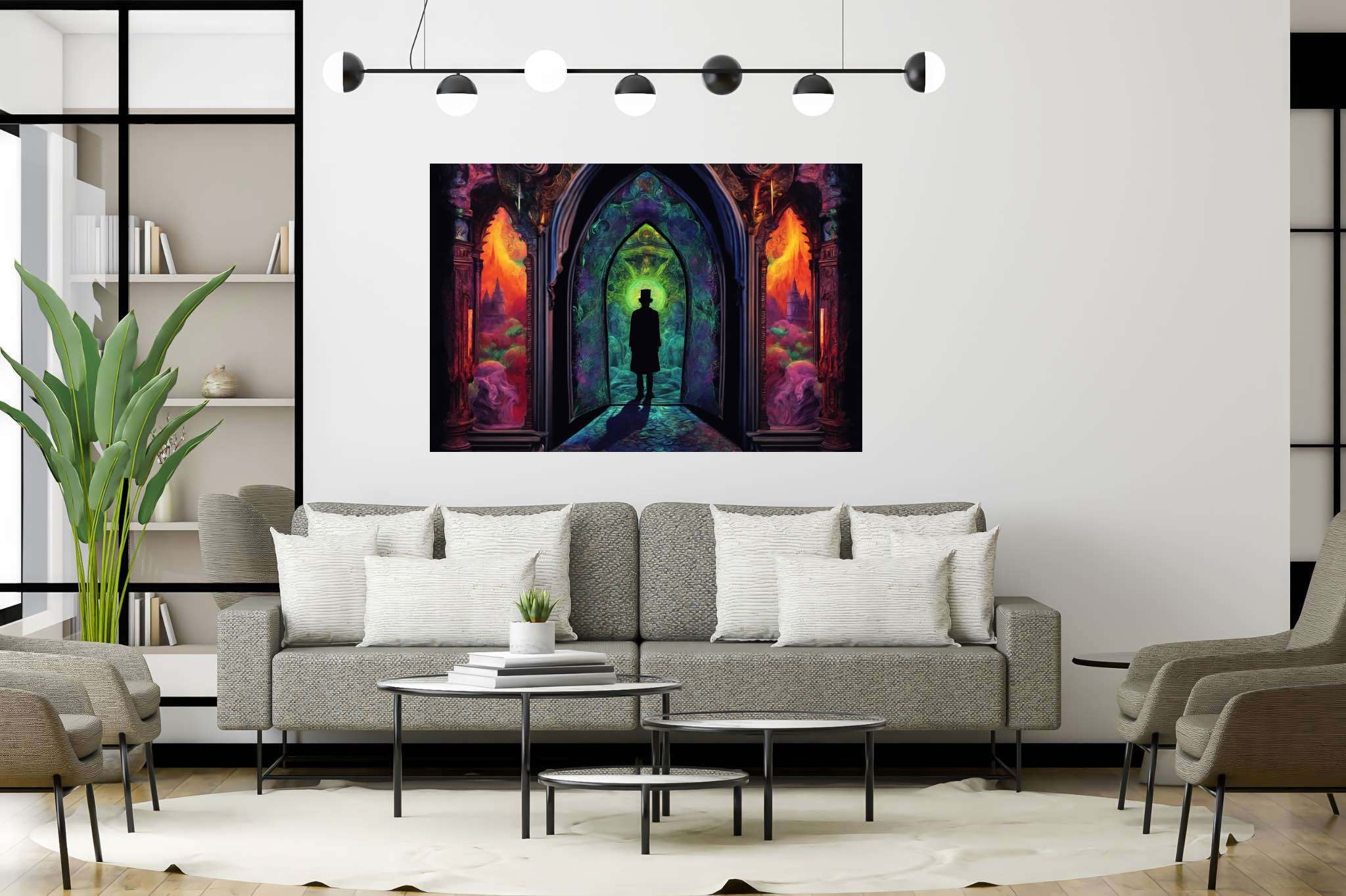 Chromatic gateway odyssey: Stained glass art with tiffany-style art, in a room with modern style, digital art pieces, and interior decorations. The art can be printed on poster, framed poster, canvas, metal, acrylic or wood, exclusively at WallArtZen. Find this exact print at https://wallartzen.com/waz262