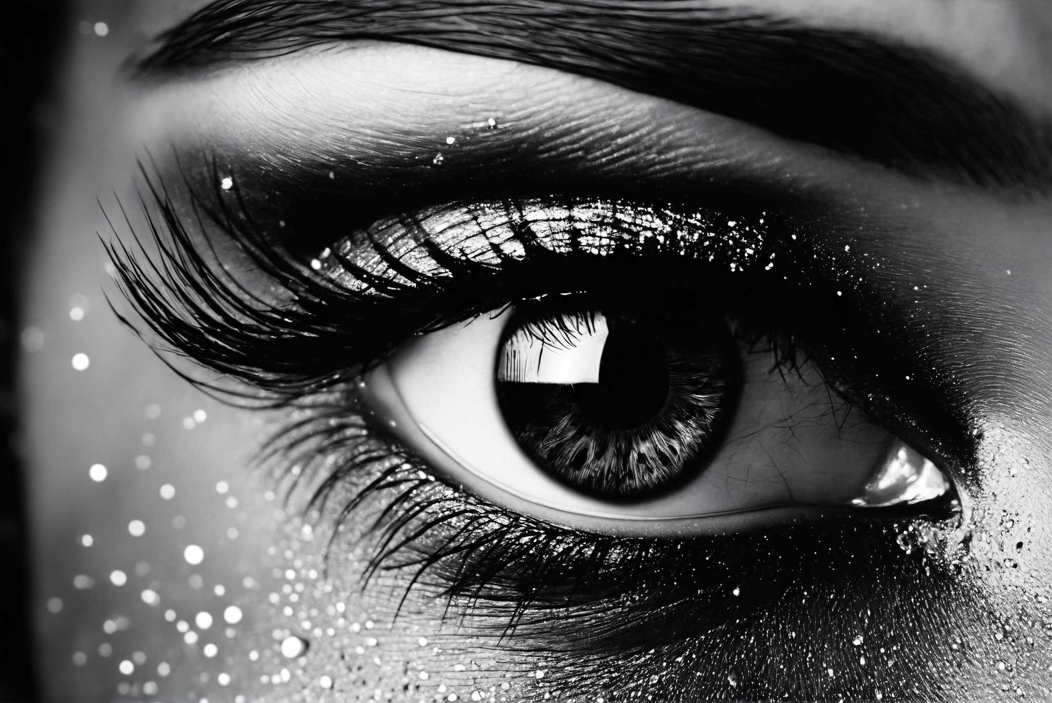 Luminous gaze ballet: Sparkly eye art with dazzling eyeball images, in a room with great design, canvas prints, and designer furniture. The art can be printed on poster, framed poster, canvas, metal, acrylic or wood, exclusively at WallArtZen. Find this exact print at https://wallartzen.com/waz263