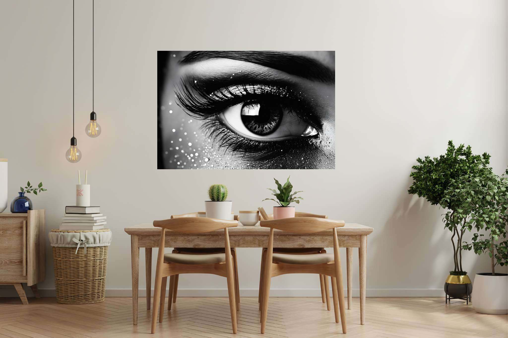 Luminous gaze ballet: Sparkly eye art with luminous eye masterpieces, in a room with elegant layout, bespoke art designs, and home styling items. The art can be printed on poster, framed poster, canvas, metal, acrylic or wood, exclusively at WallArtZen. Find this exact print at https://wallartzen.com/waz263