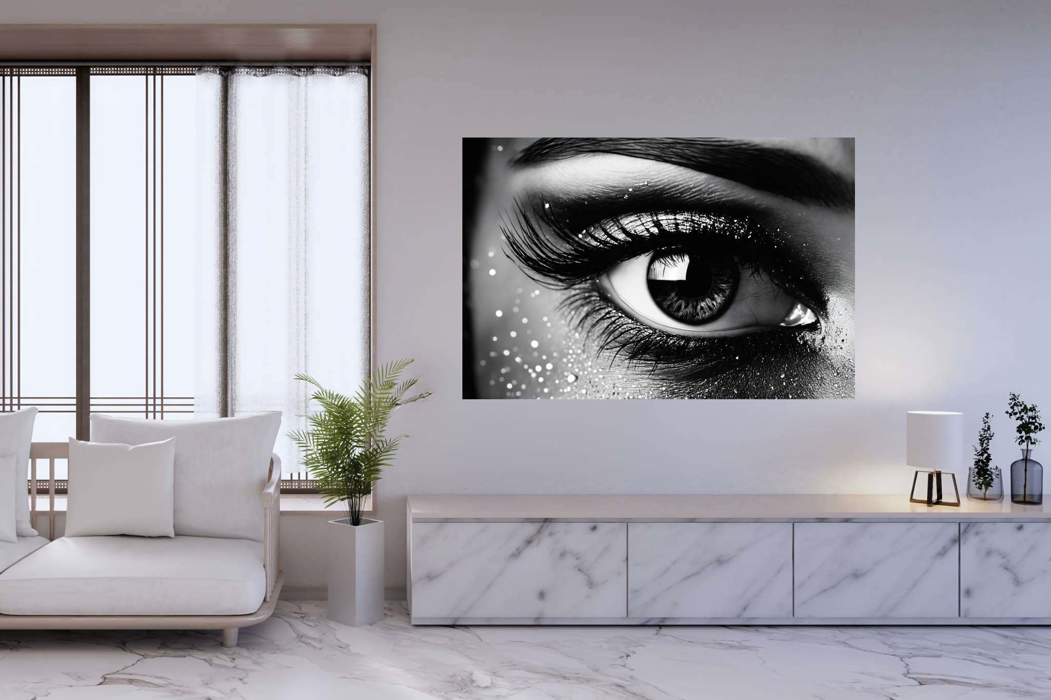 Luminous gaze ballet: Sparkly eye art with bejeweled eye portraits, in a room with elegant layout, framed art, and interior decorations. The art can be printed on poster, framed poster, canvas, metal, acrylic or wood, exclusively at WallArtZen. Find this exact print at https://wallartzen.com/waz263