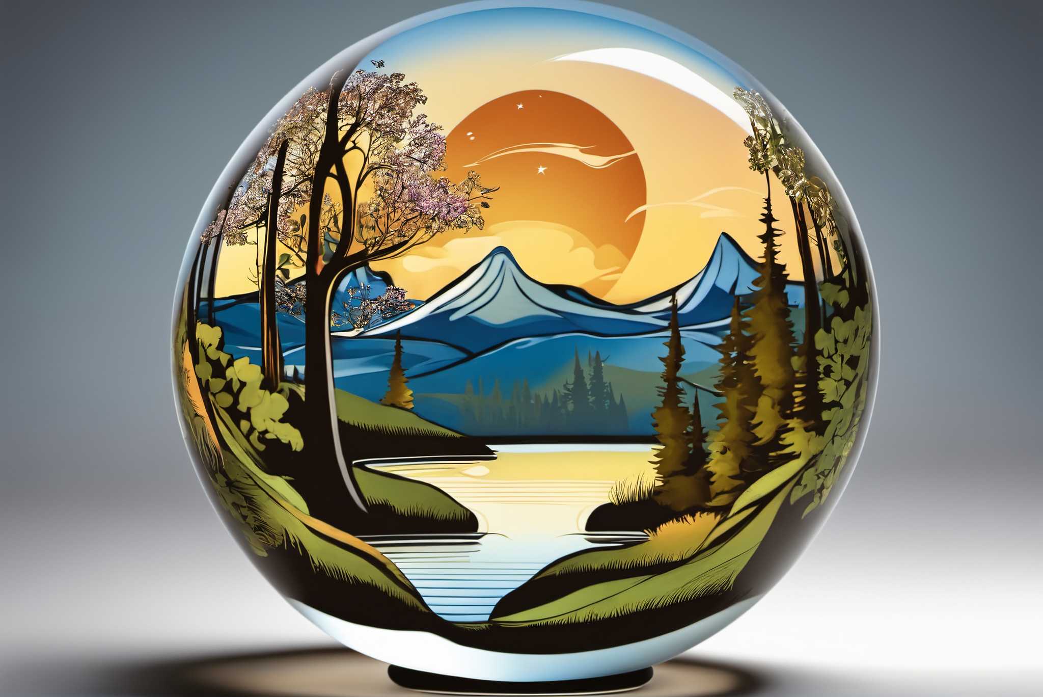 Sphere of dusk enchantment: Sunset art with nature-inspired, in a room with artistic style, wall art, and decorative pieces. The art can be printed on poster, framed poster, canvas, metal, acrylic or wood, exclusively at WallArtZen. Find this exact print at https://wallartzen.com/waz264