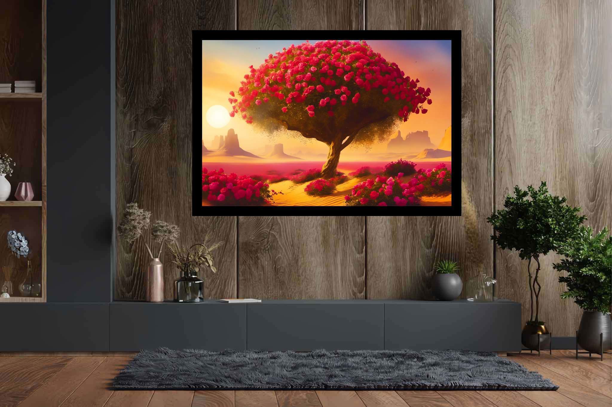 Bloom of the solitude sands: Surreal desert art with ethereal oasis, in a room with great design, digital art pieces, and luxe decor. The art can be printed on poster, framed poster, canvas, metal, acrylic or wood, exclusively at WallArtZen. Find this exact print at https://wallartzen.com/waz265