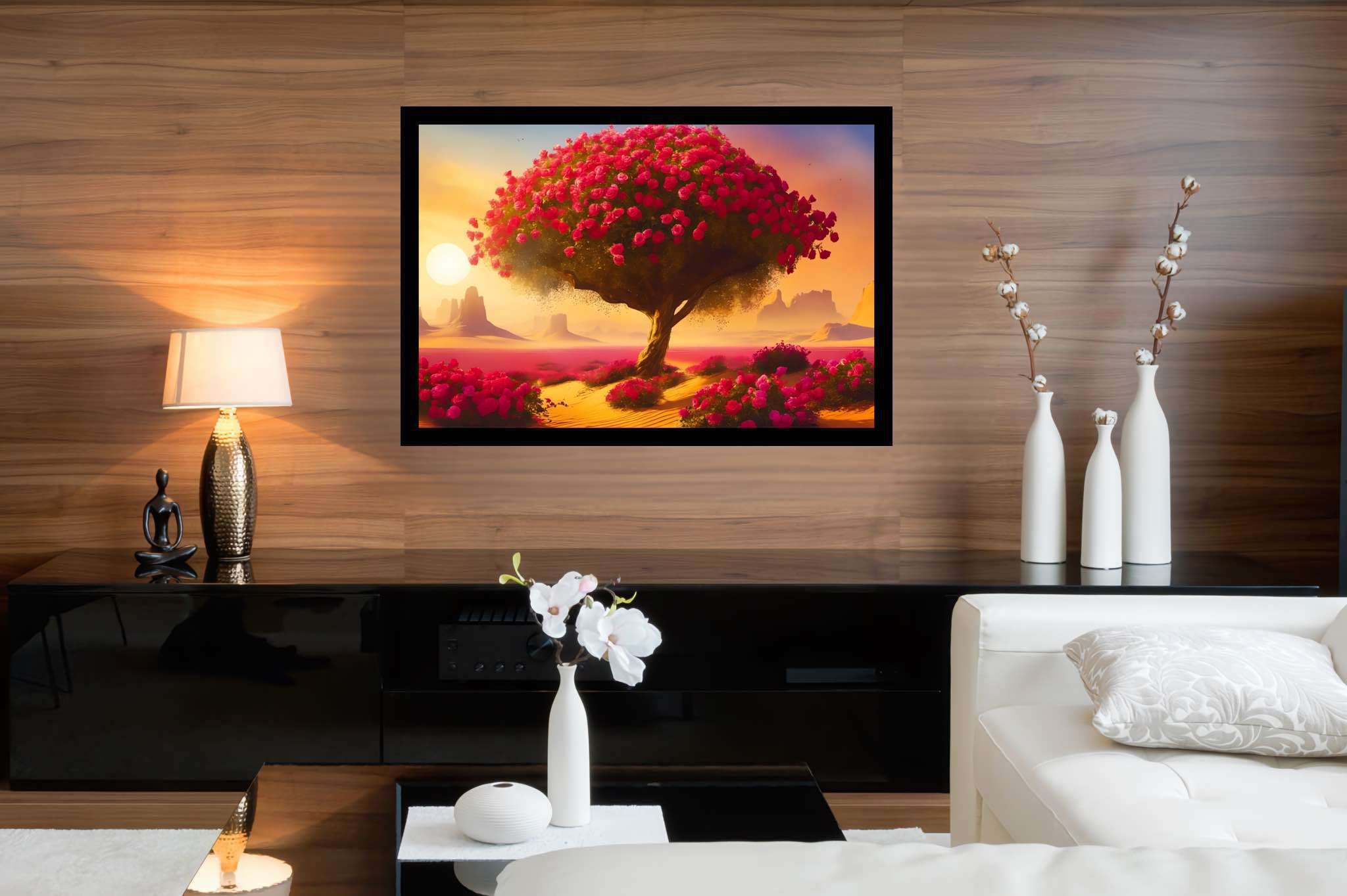 Bloom of the solitude sands: Surreal desert art with surreal desert art, in a room with modern style, photographic wall art, and luxe decor. The art can be printed on poster, framed poster, canvas, metal, acrylic or wood, exclusively at WallArtZen. Find this exact print at https://wallartzen.com/waz265
