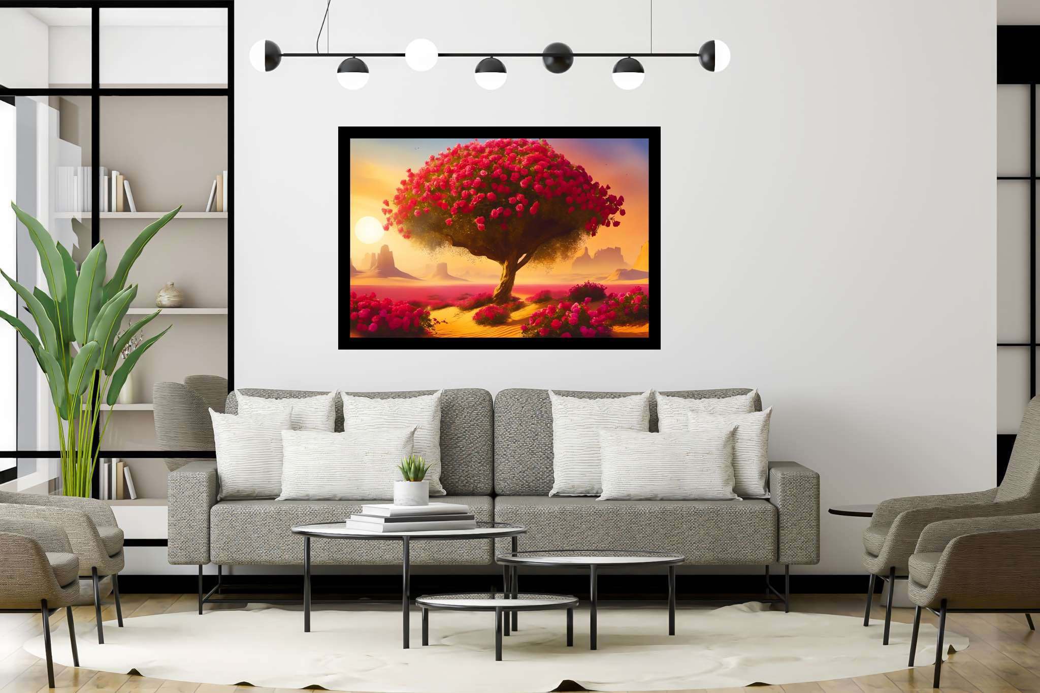 Bloom of the solitude sands: Surreal desert art with desert dreamscape, in a room with artistic style, wall art, and home furnishings. The art can be printed on poster, framed poster, canvas, metal, acrylic or wood, exclusively at WallArtZen. Find this exact print at https://wallartzen.com/waz265