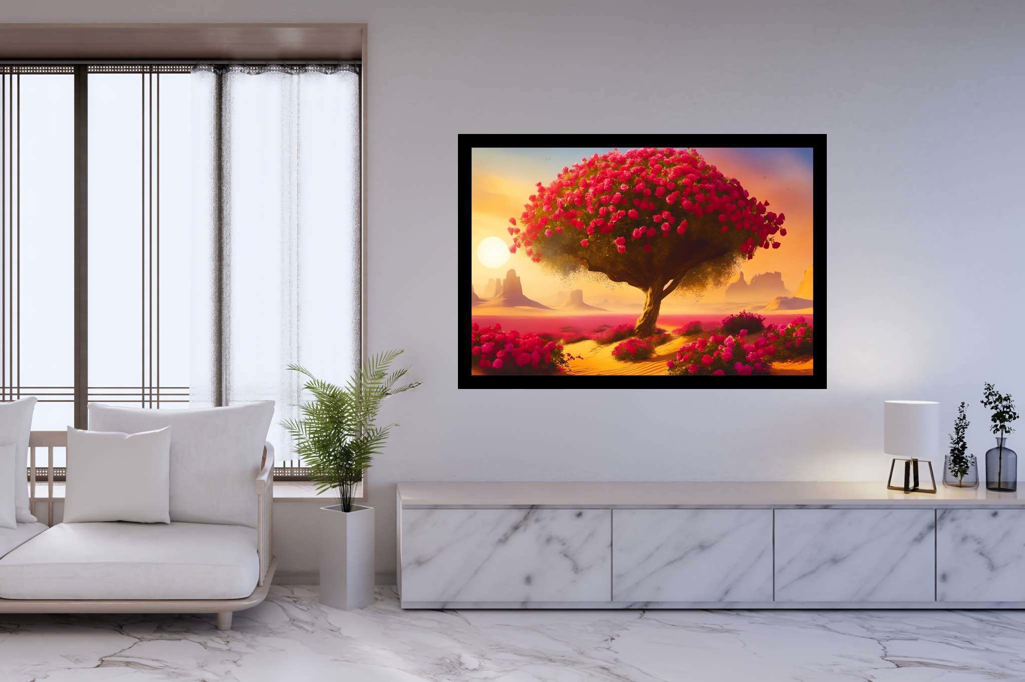 Bloom of the solitude sands: Surreal desert art with otherworldly cacti, in a room with contemporary flair, wall art, and trendy home accents. The art can be printed on poster, framed poster, canvas, metal, acrylic or wood, exclusively at WallArtZen. Find this exact print at https://wallartzen.com/waz265