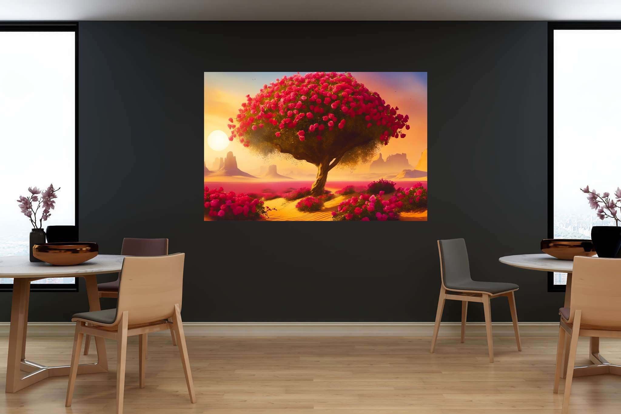 Bloom of the solitude sands: Surreal desert art with fantasy mirages, in a room with urban design, digital art pieces, and luxe decor. The art can be printed on poster, framed poster, canvas, metal, acrylic or wood, exclusively at WallArtZen. Find this exact print at https://wallartzen.com/waz265