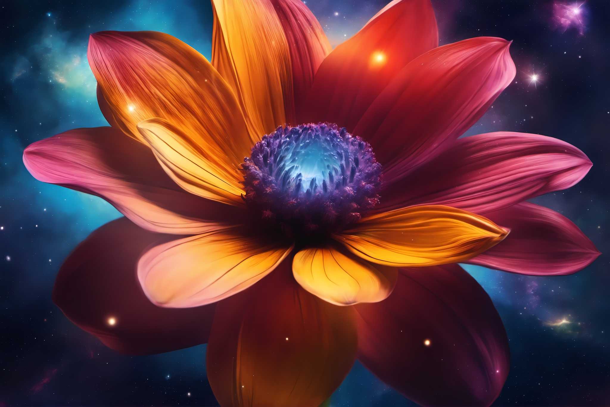 Galactic petals in bloom: Vibrant flower art with vibrant flower aesthetic, in a room with classic elegance, photographic wall art, and elegant home goods. The art can be printed on poster, framed poster, canvas, metal, acrylic or wood, exclusively at WallArtZen. Find this exact print at https://wallartzen.com/waz266