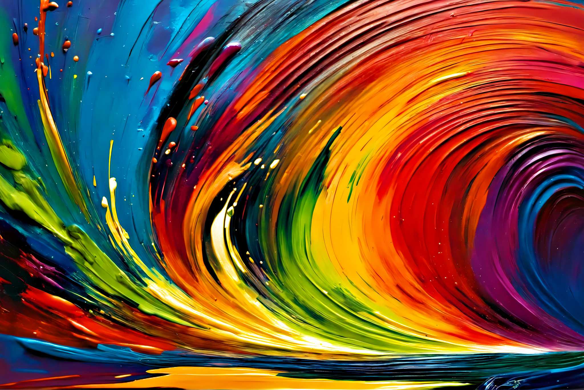 Spectrum strands carousel: Vibrant art with energetic paintings, in a room with chic decor, framed art, and stylish accessories. The art can be printed on poster, framed poster, canvas, metal, acrylic or wood, exclusively at WallArtZen. Find this exact print at https://wallartzen.com/waz267